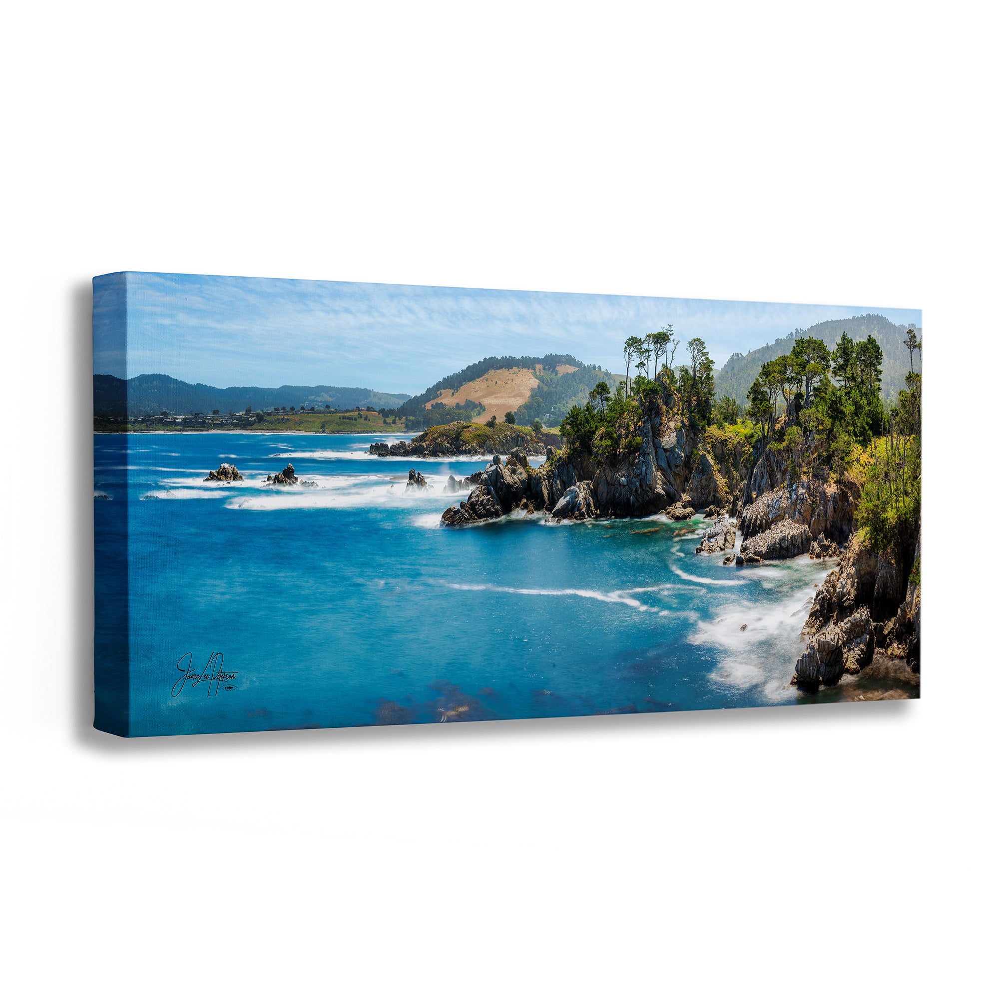 Canvas print of a coastal landscape with blue water, rocks, and greenery.