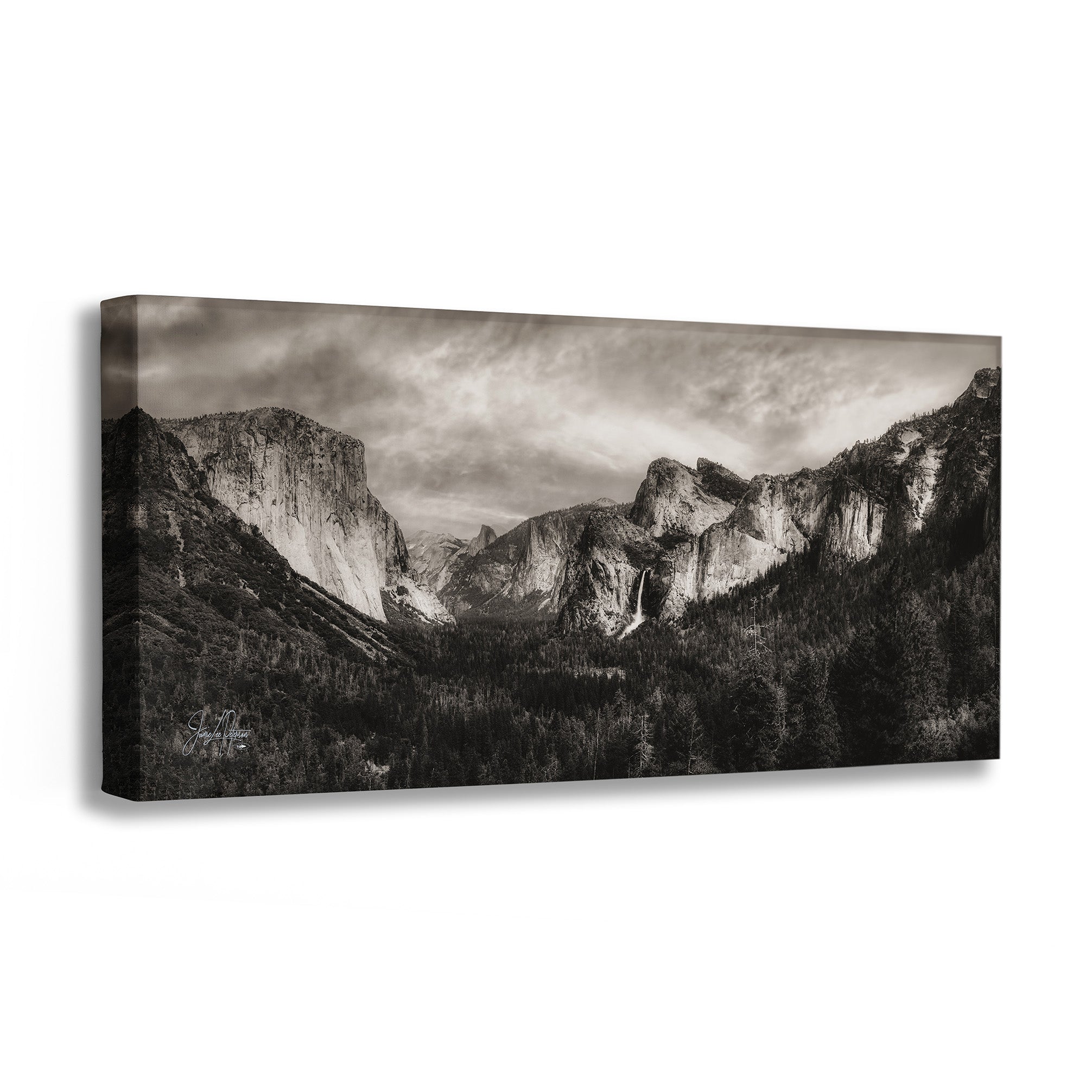Canvas print of a black and white mountain landscape with a cloudy sky.