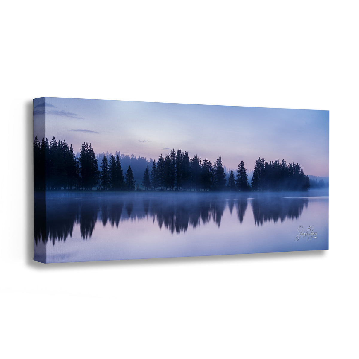 Canvas print of a serene lake scene with trees at dusk.