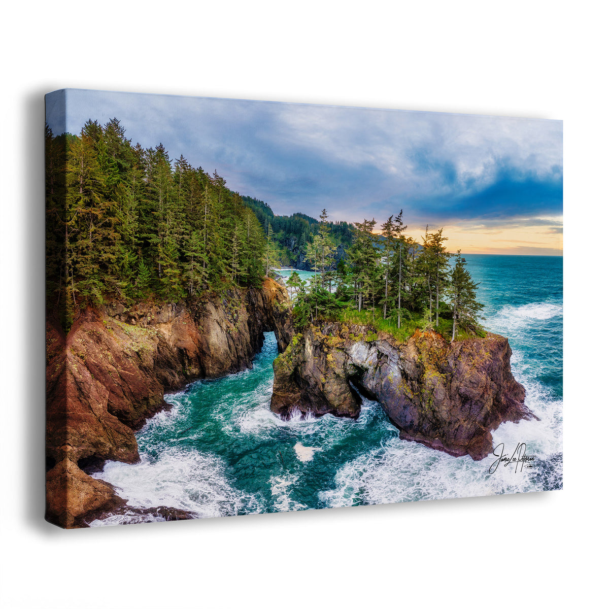 A gallery-wrapped canvas print featuring a dramatic coastal landscape with turquoise ocean water, white surf, rocky cliffs, evergreen trees, and a cloudy blue sky. The canvas is shown at a slight angle on a clean white background.