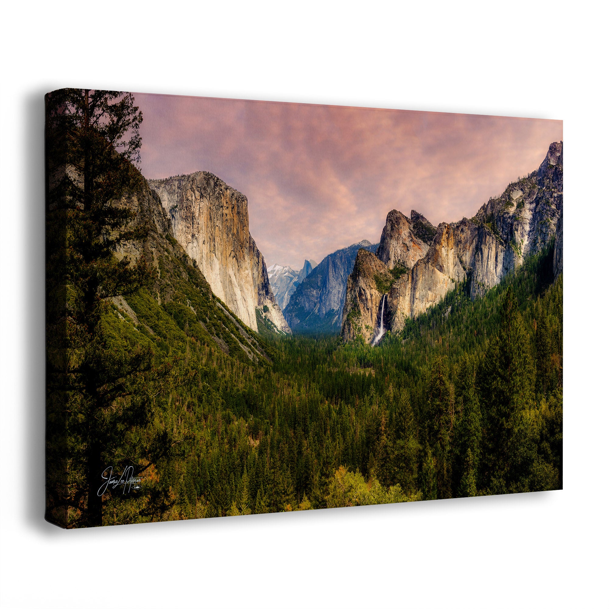 A rectangular canvas wall art print showing a mountain valley landscape with tall rock cliffs, dense evergreen forest, and a pinkish sky, photographed at a slight angle on a white background.
