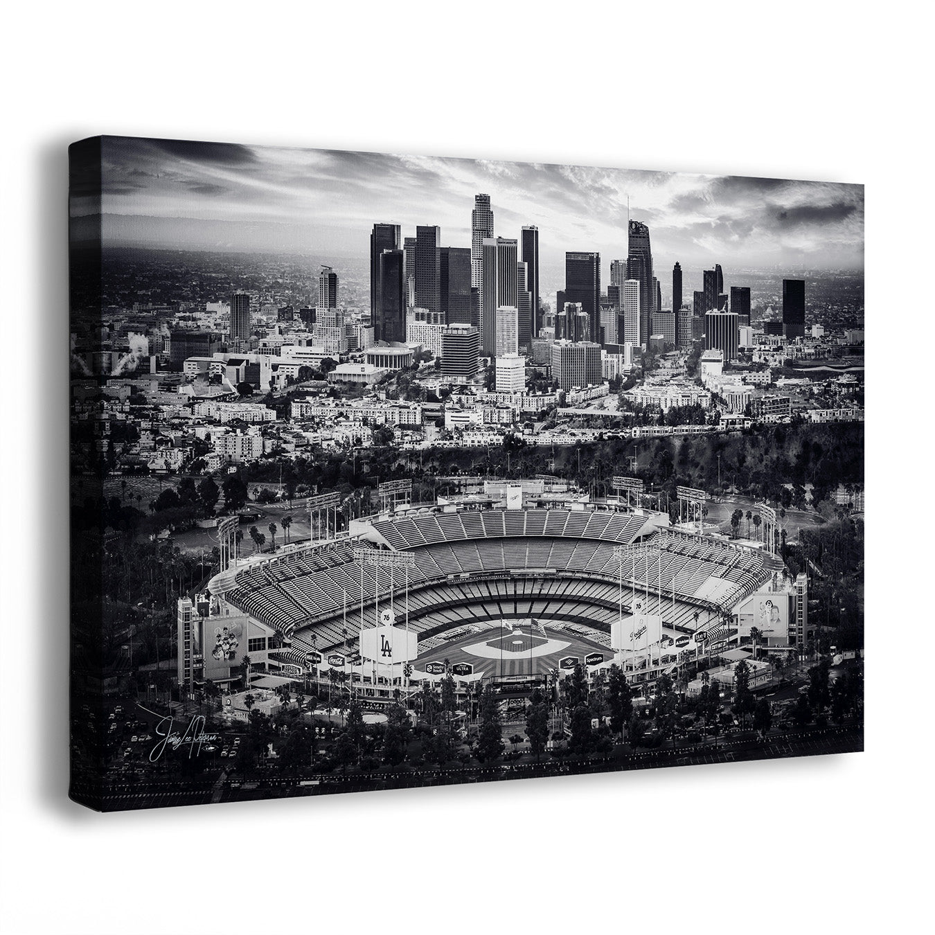 A black and white Los Angeles Dodgers Stadium artwork photograph of the LA skyline, featuring the cityscape and stadium in the foreground, shown as a rectangular wall art print with a slight drop shadow on a white background.