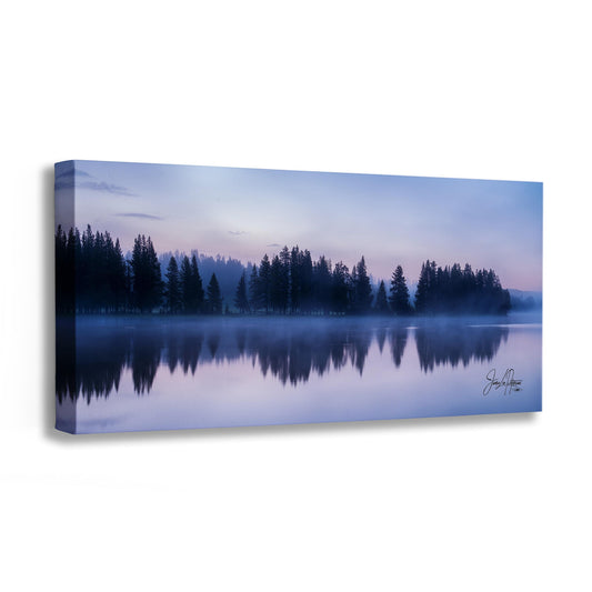 Yellowstone Lake Foggy Forest Picture, Reflection Nature Photo, Wyoming Landscape Relaxation Artwork for Meditation, Office, & House Decor