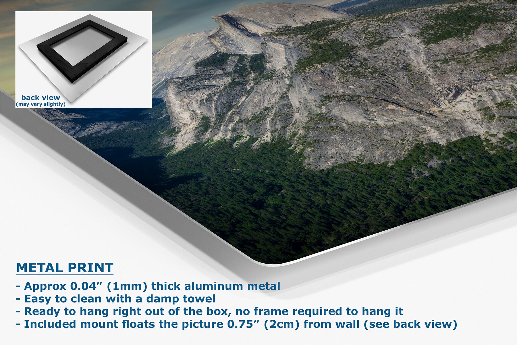 A metal wall art print showing a mountain landscape with rocky cliffs and green forest, presented at an angle with product text and a small back-view inset on a white background.