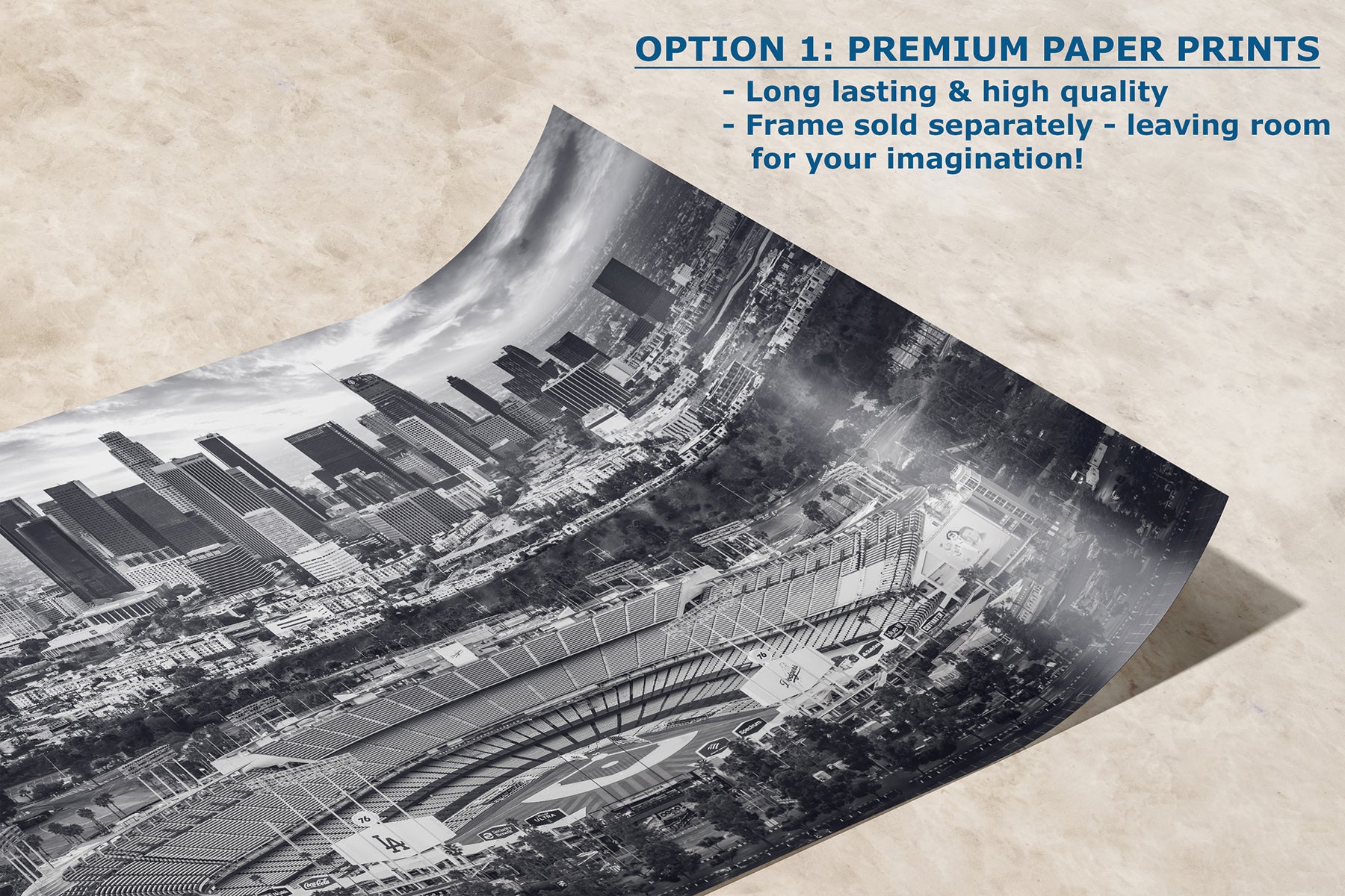 Premium paper print of black and white Dodger Stadium and downtown Los Angeles aerial photography, monochrome baseball wall art