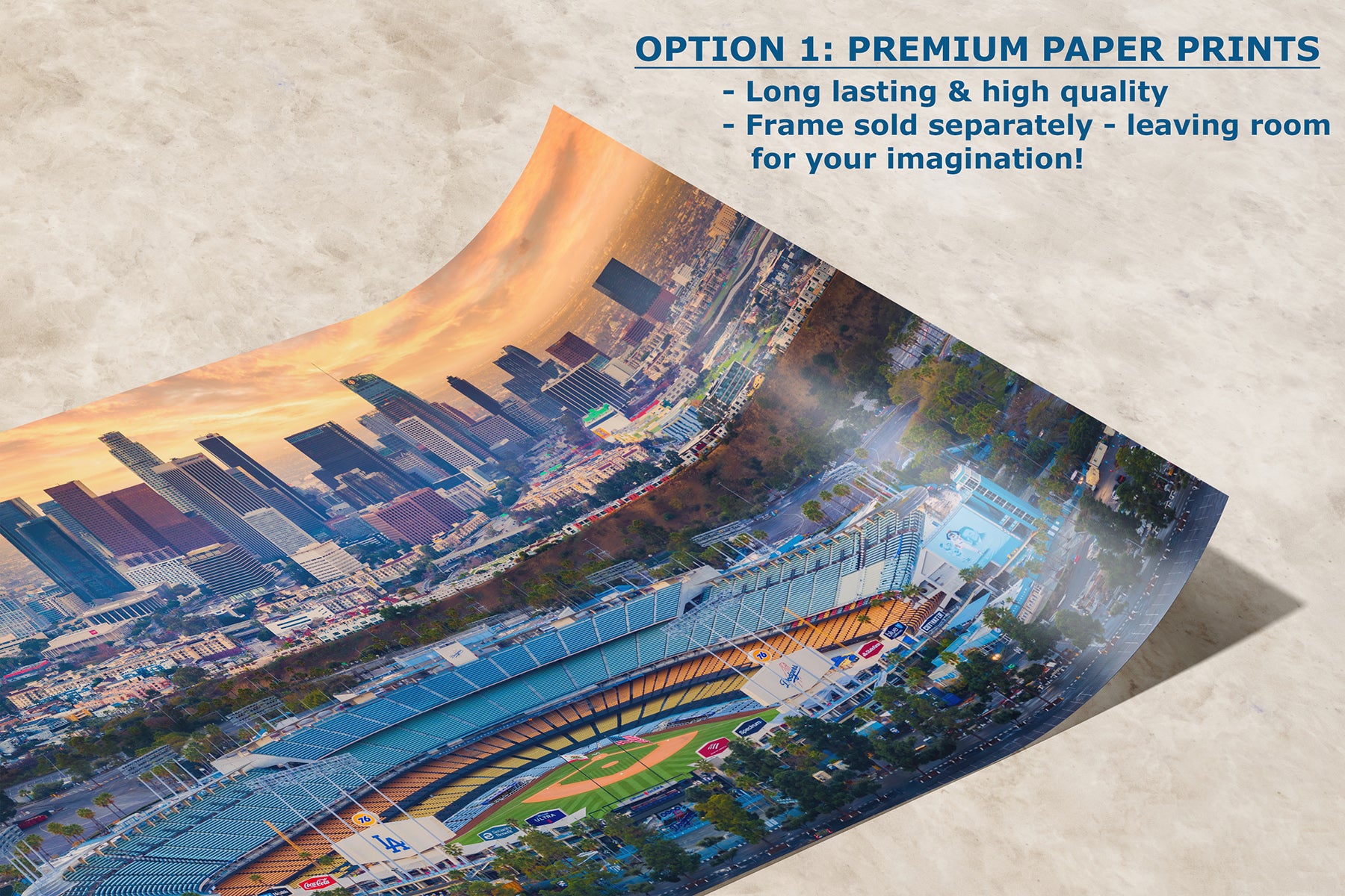 Premium paper print of Dodger Stadium aerial photography with the downtown Los Angeles skyline, baseball wall art