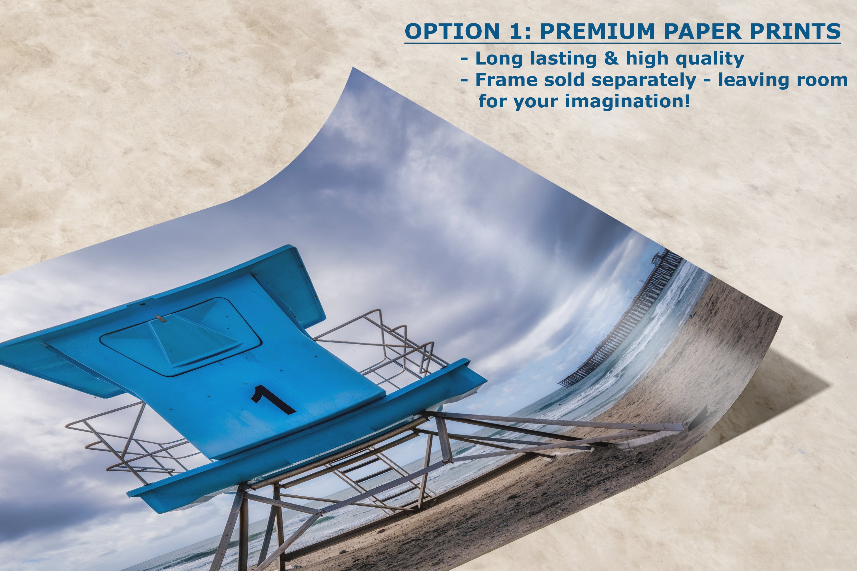 Southern California Coastline Lifeguard Tower Ocean Picture, Oceanside Pier Relaxation Artwork for Meditation, Office, Dorm, and House Decor