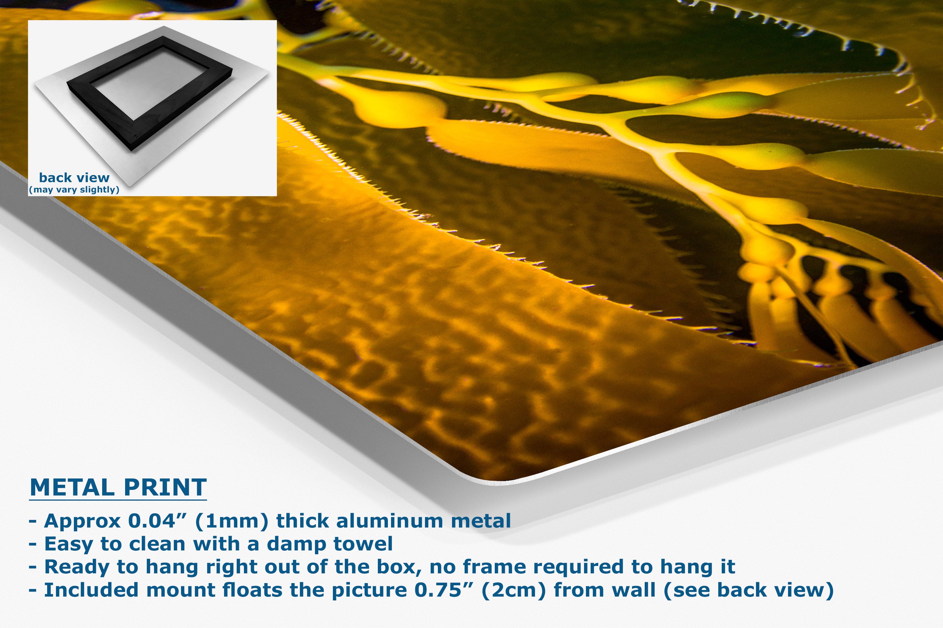 A metal wall art print panel with a gold and yellow abstract leaf-like pattern, shown at an angle with product text and a small back-view inset on a white background.