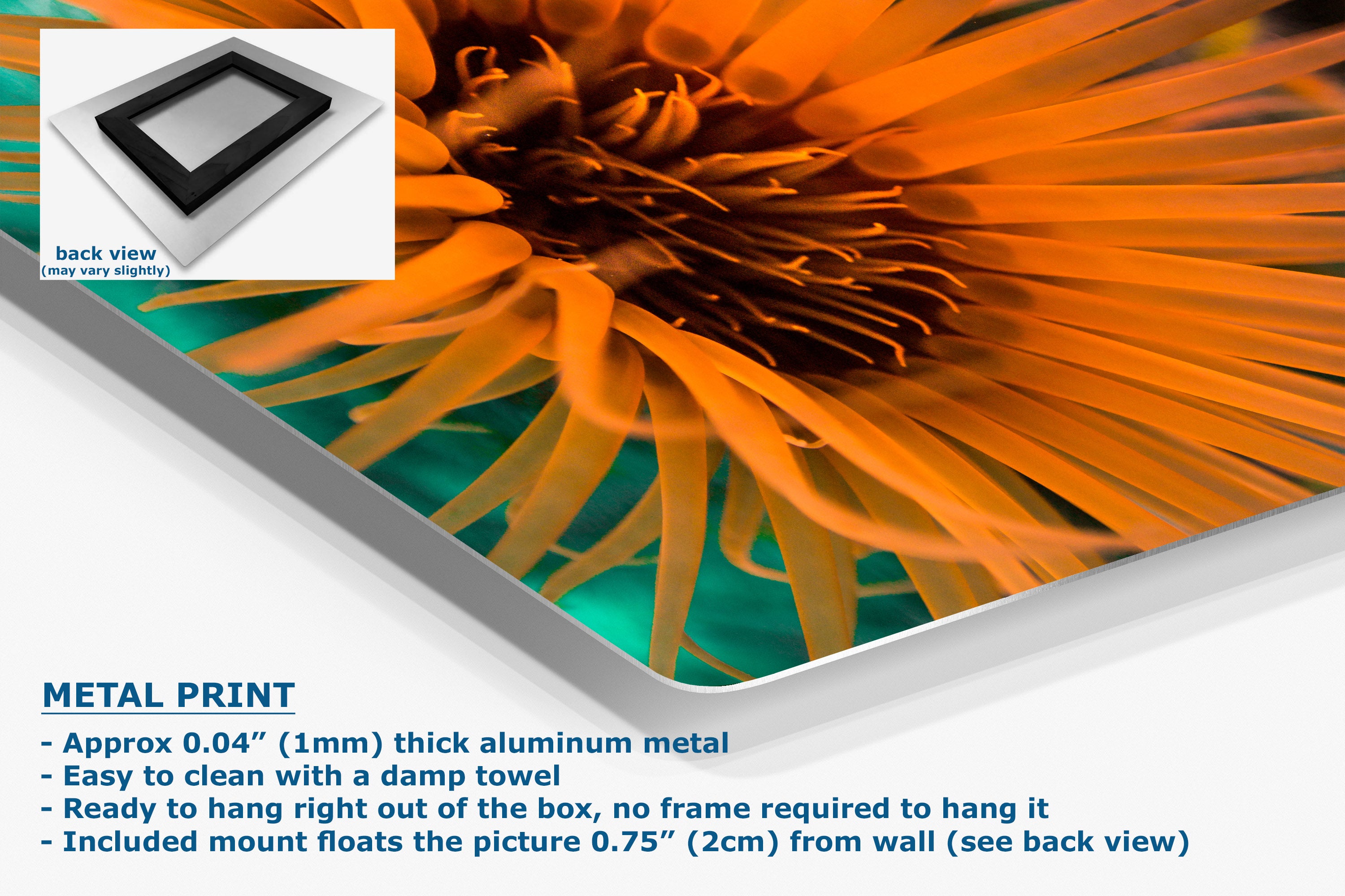A metal wall art panel presented at an angle with product text and a small back-view inset. The text highlights a metal print with an aluminum frame and mounting details.