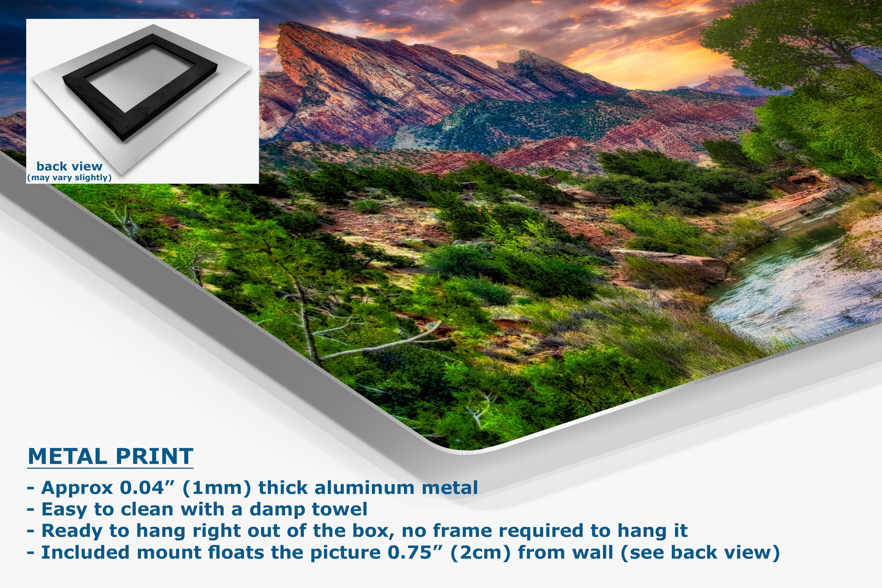 A corner angle of a metal wall art print showing a mountain valley with green vegetation and a sunset sky, presented on a white background with product details and text. An inset shows the back view of the frame.