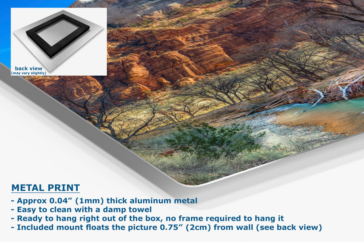A corner view of a metal print panel featuring a canyon landscape with a river, shown at an angle with a small inset of the back view. Text on the image reads 'METAL PRINT' and lists product details.
