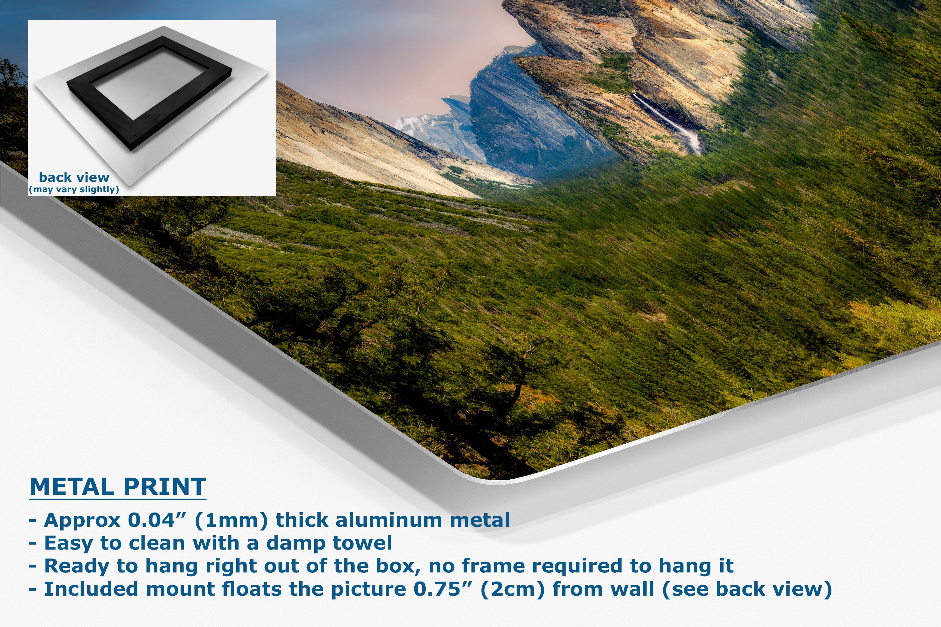 A metal wall art print showing a mountain landscape, displayed at an angle with a white mounting frame. The image includes a small inset showing the back view of the frame, a 'METAL PRINT' title, and descriptive text about the 0.