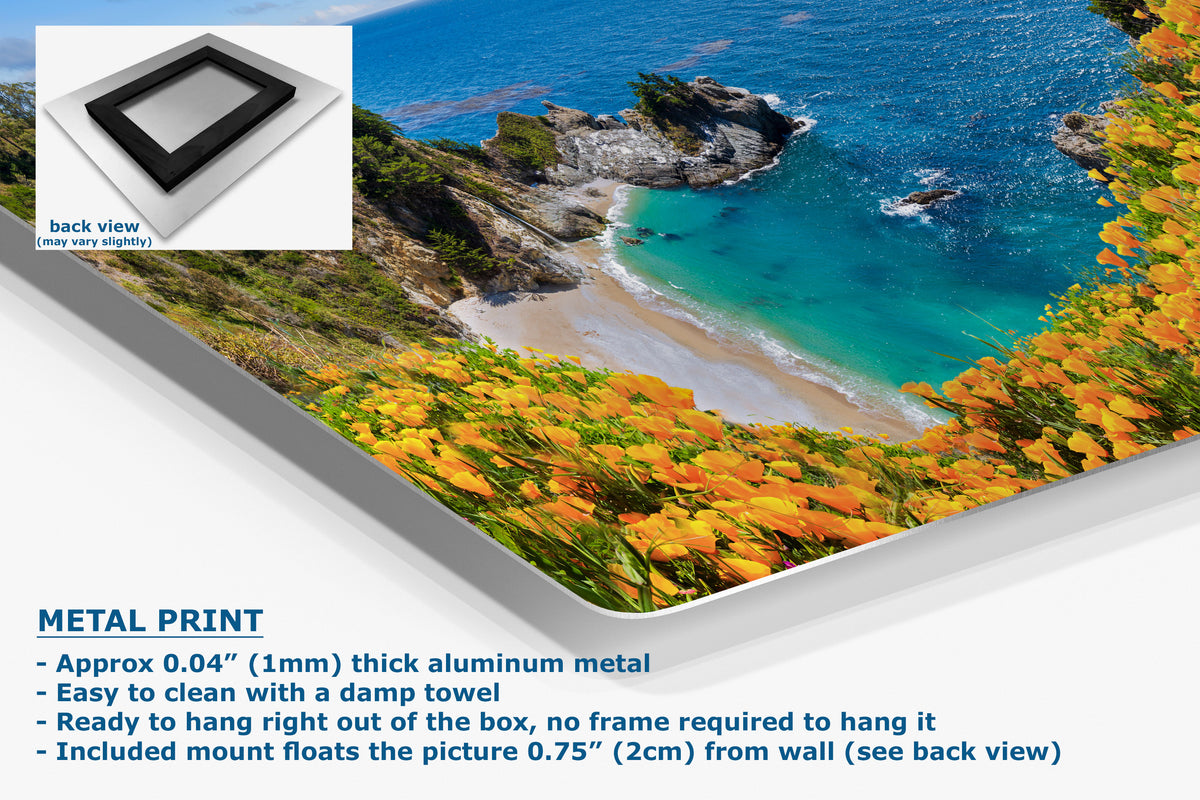 Metal print of a scenic landscape with ocean and beach, featuring text about metal print properties.