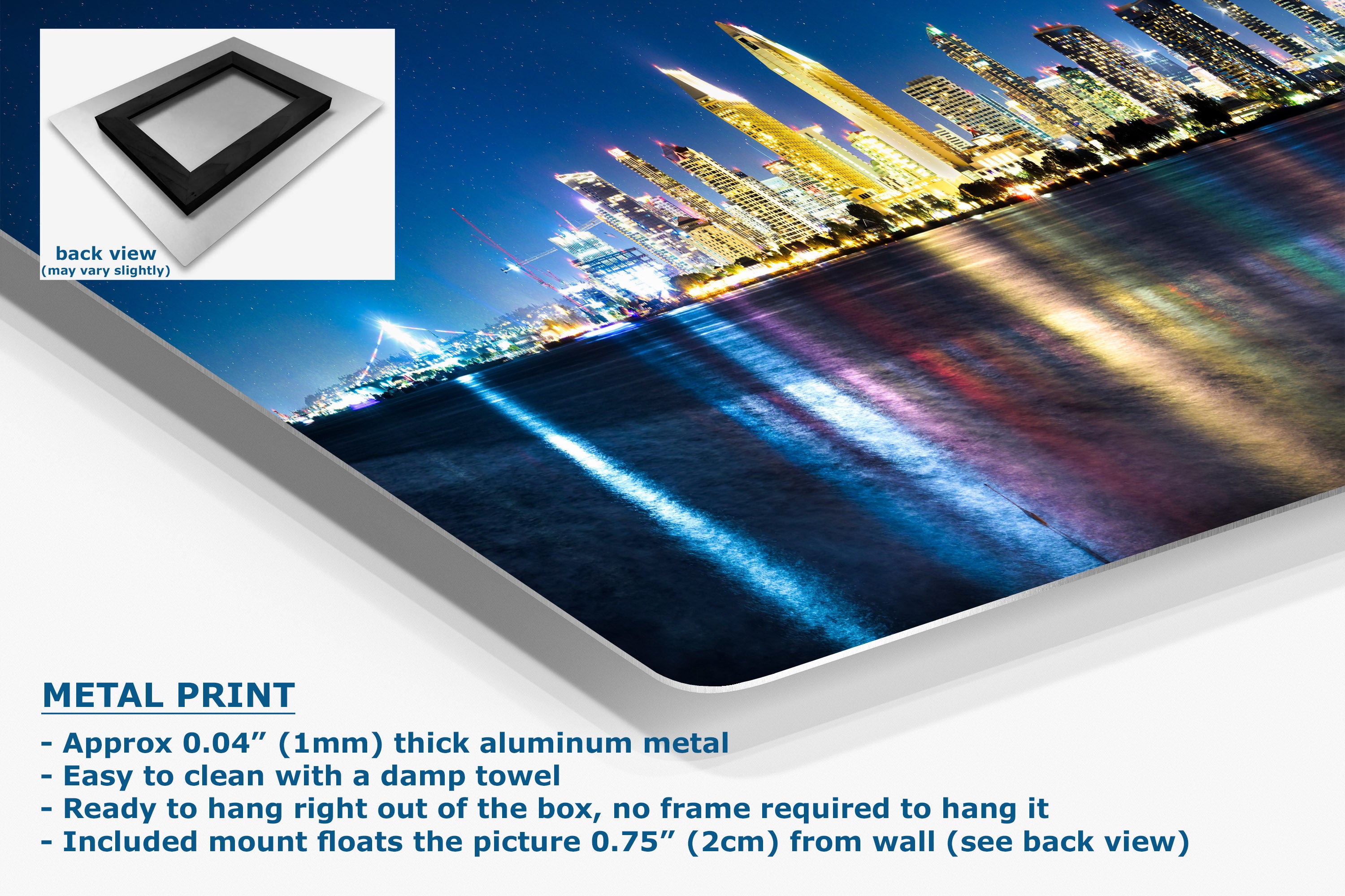 A large rectangular wall art print showing a colorful nighttime city skyline reflected on water, displayed at an angle with a small inset back-view thumbnail and product text describing a metal print.