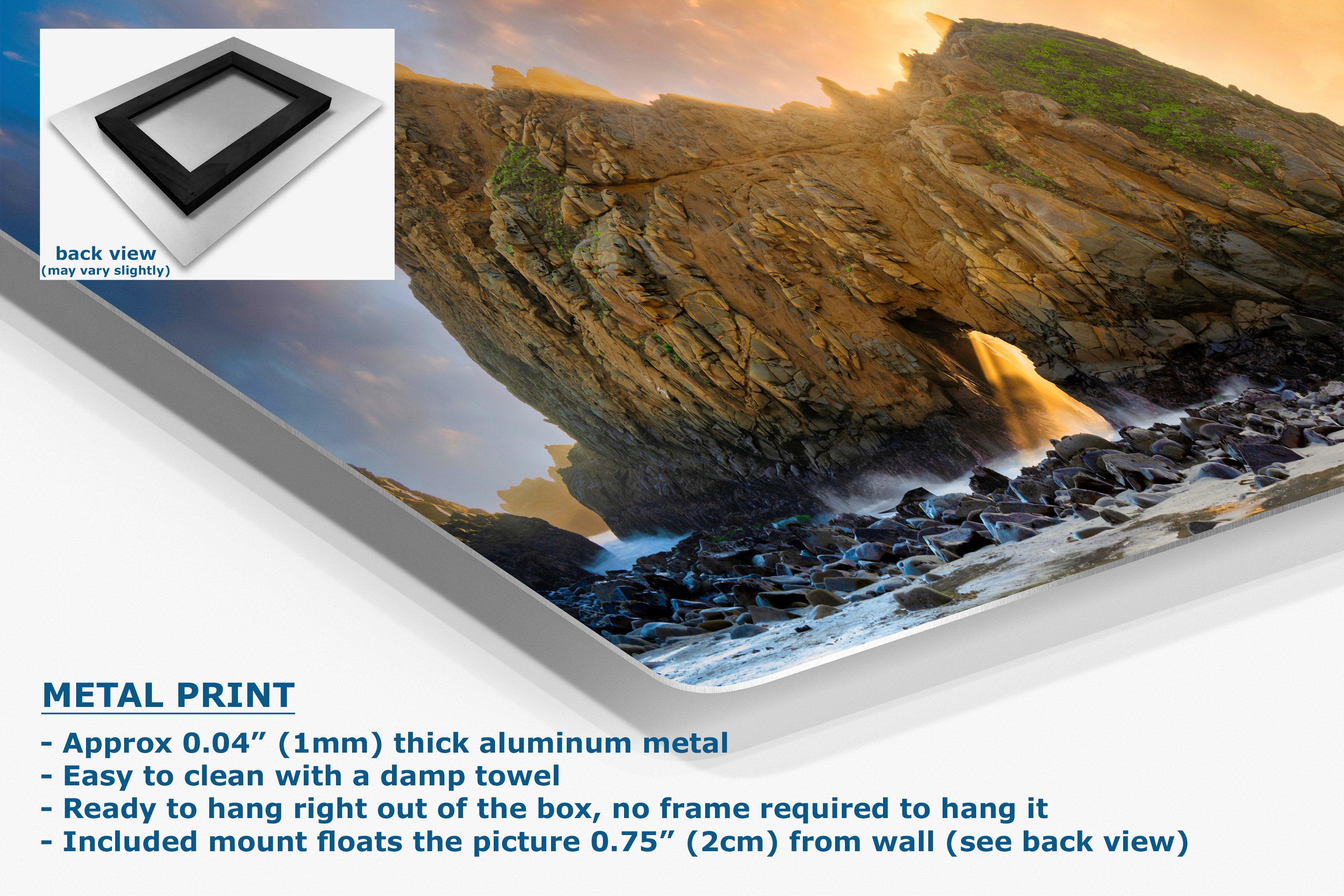 A metal wall art print showing a rocky coastal cliff and ocean scene, presented at an angle with text callouts and a small back-view inset.