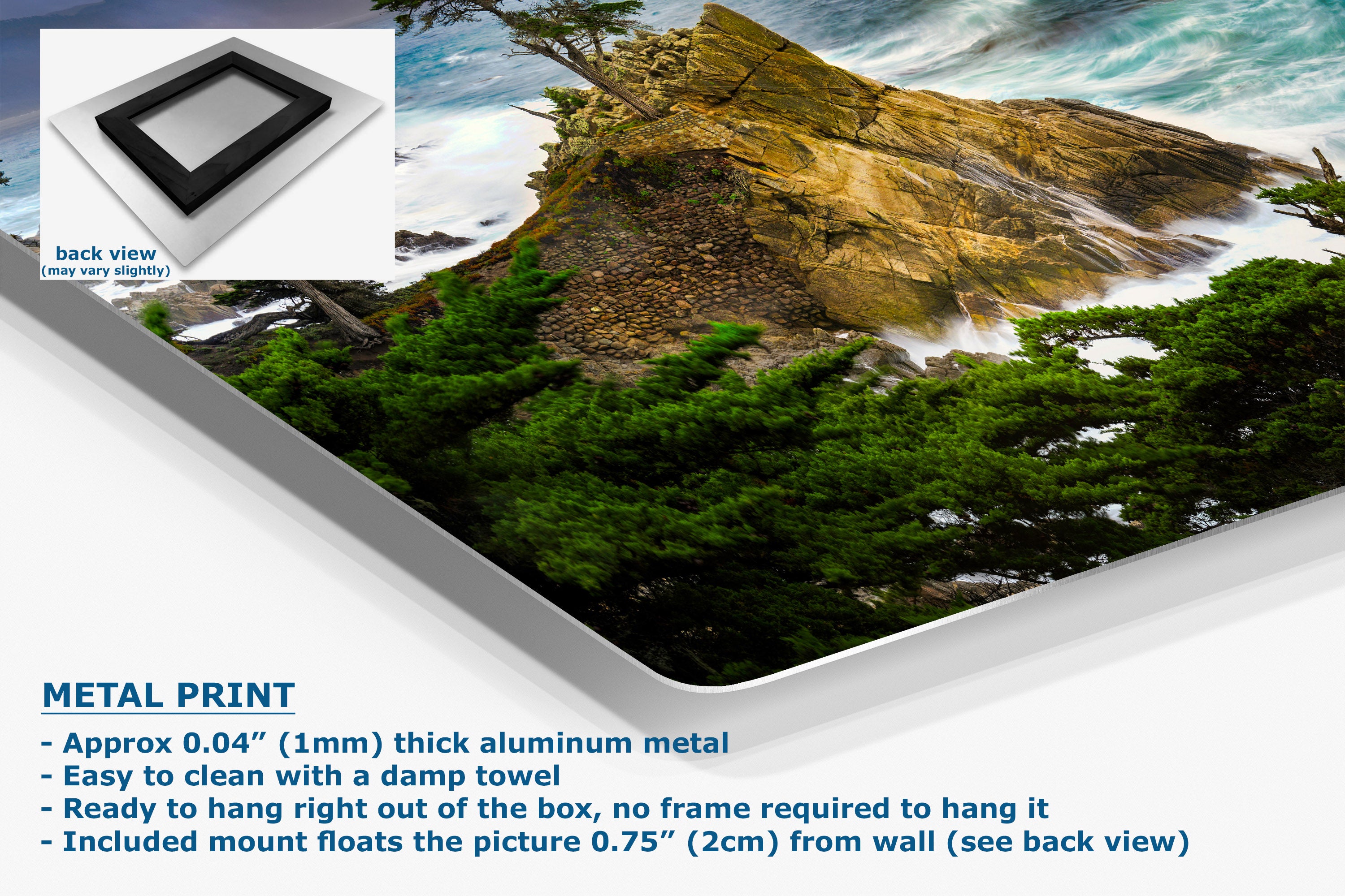 A metal print poster of a rocky coastline with green trees, shown at an angle with product details and text overlays on a white background.