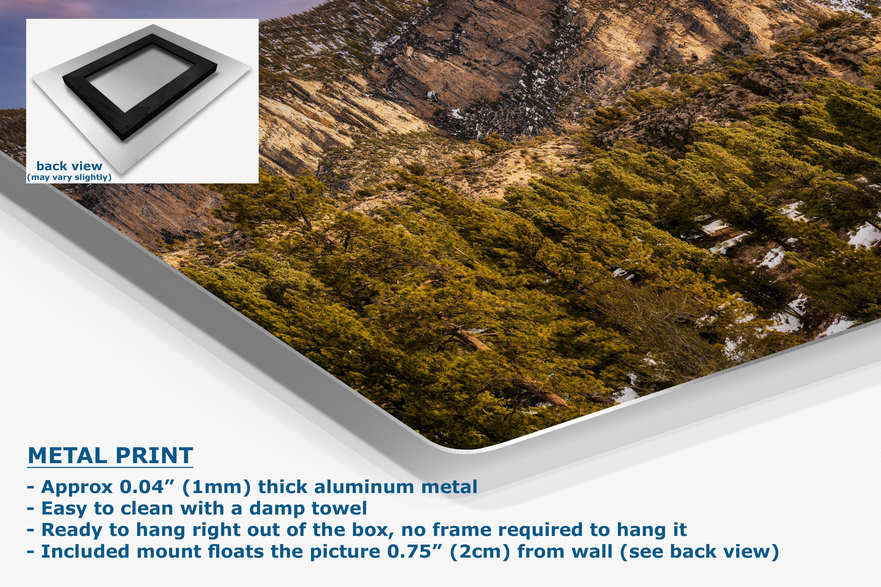 A corner view of a metal print panel showing a forest landscape over rocky terrain, with a small inset showing the back view of the frame. Text on the image describes the product.