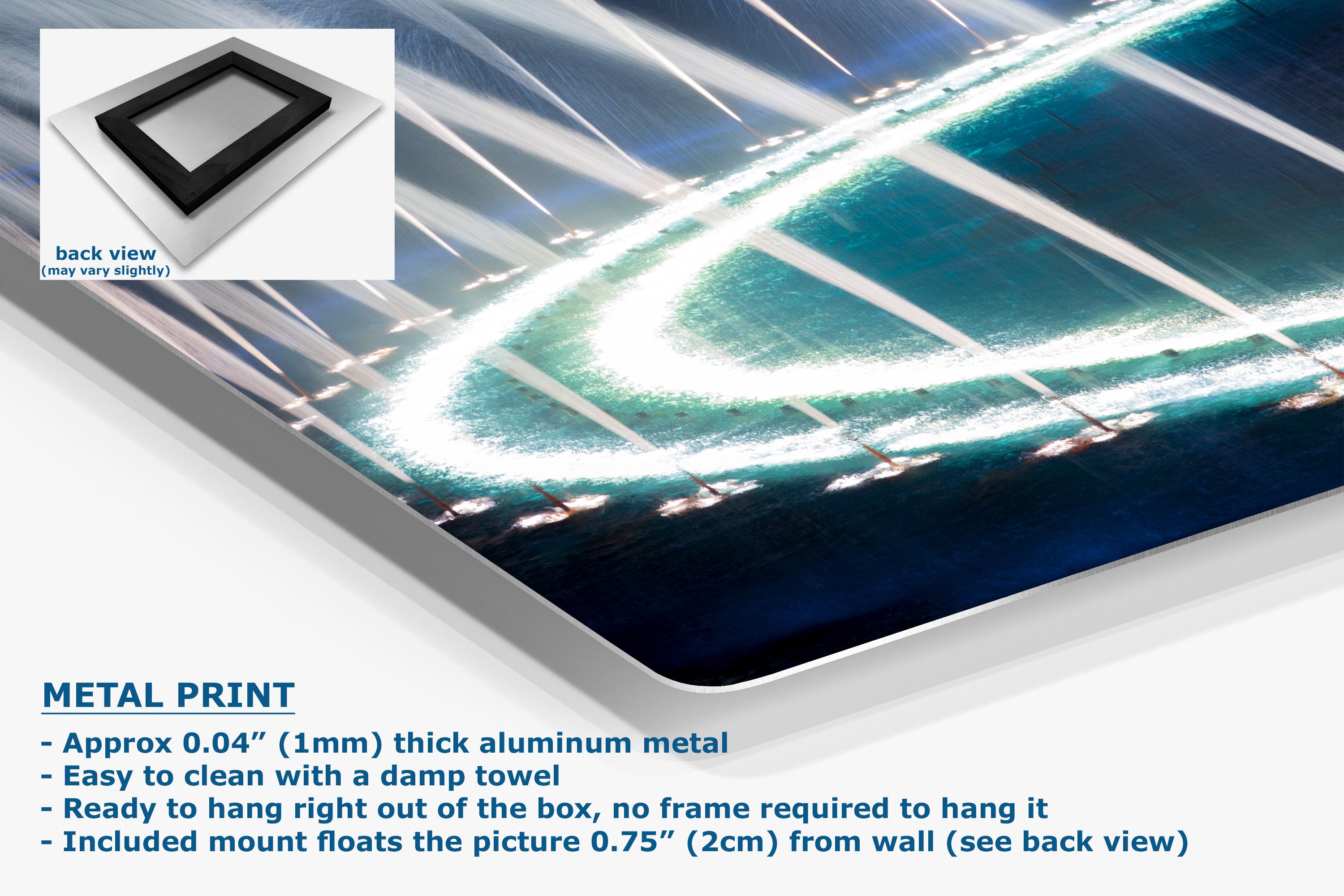 A corner view of a metal wall art print showing a blue and white abstract wave-like design, with text describing the aluminum finish and mounting details, plus a small inset showing the back view of the frame.