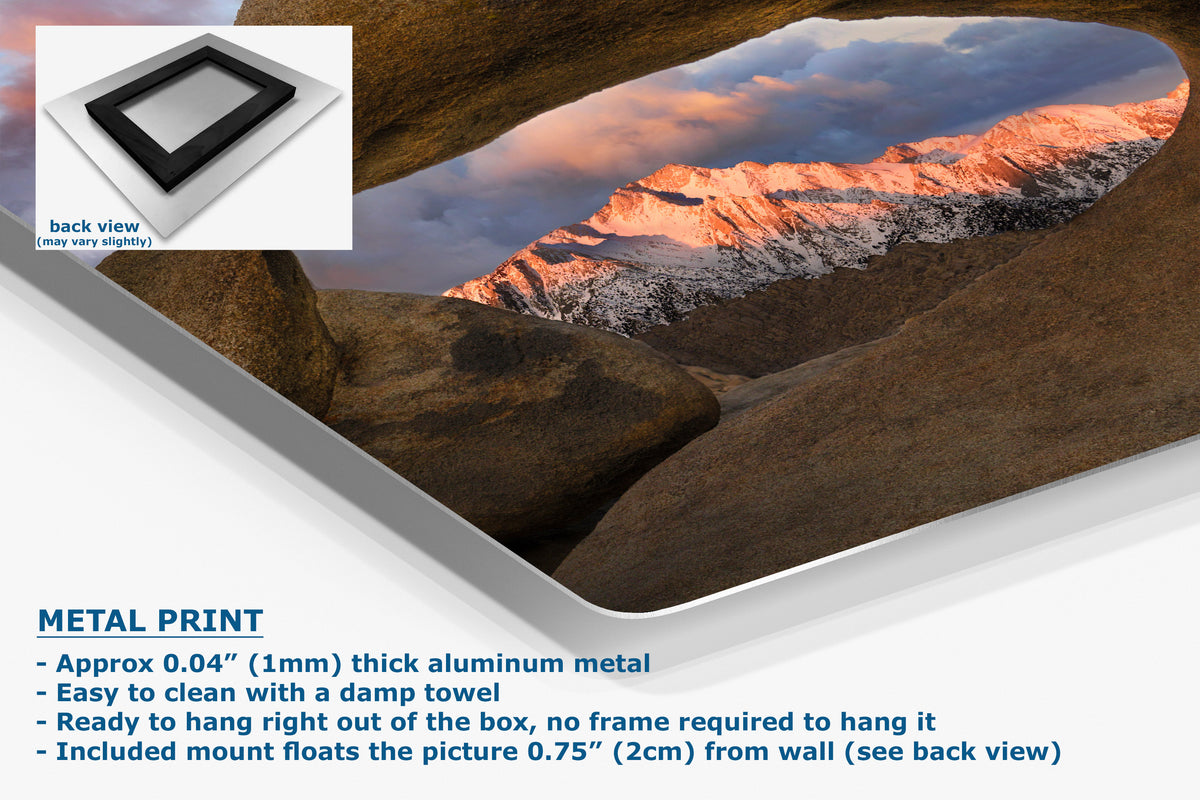 Metal print of a mountain landscape with text describing its features.