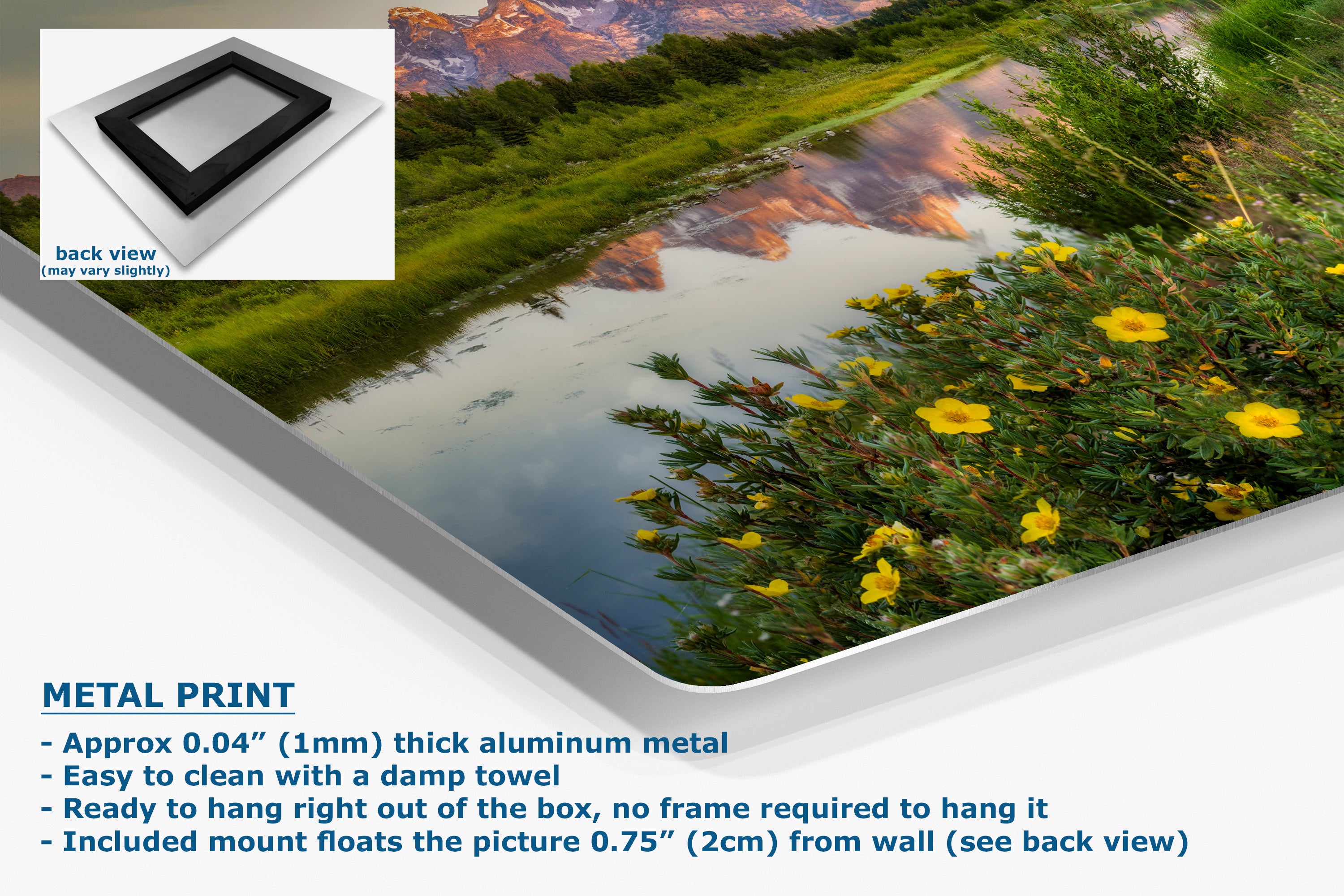 Metal wall art print showing a scenic landscape with a reflective pond, green hills, mountains, and yellow flowers, displayed at an angle with product features and text overlays on a white background.