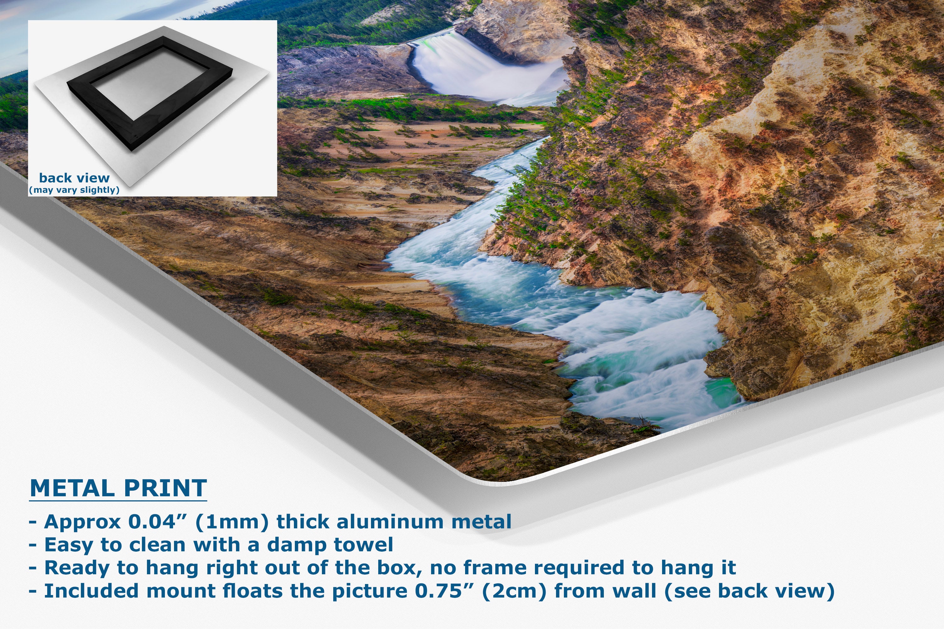 A metal wall art print showing a dramatic mountain river scene, with a small inset showing the back view of the frame mount.