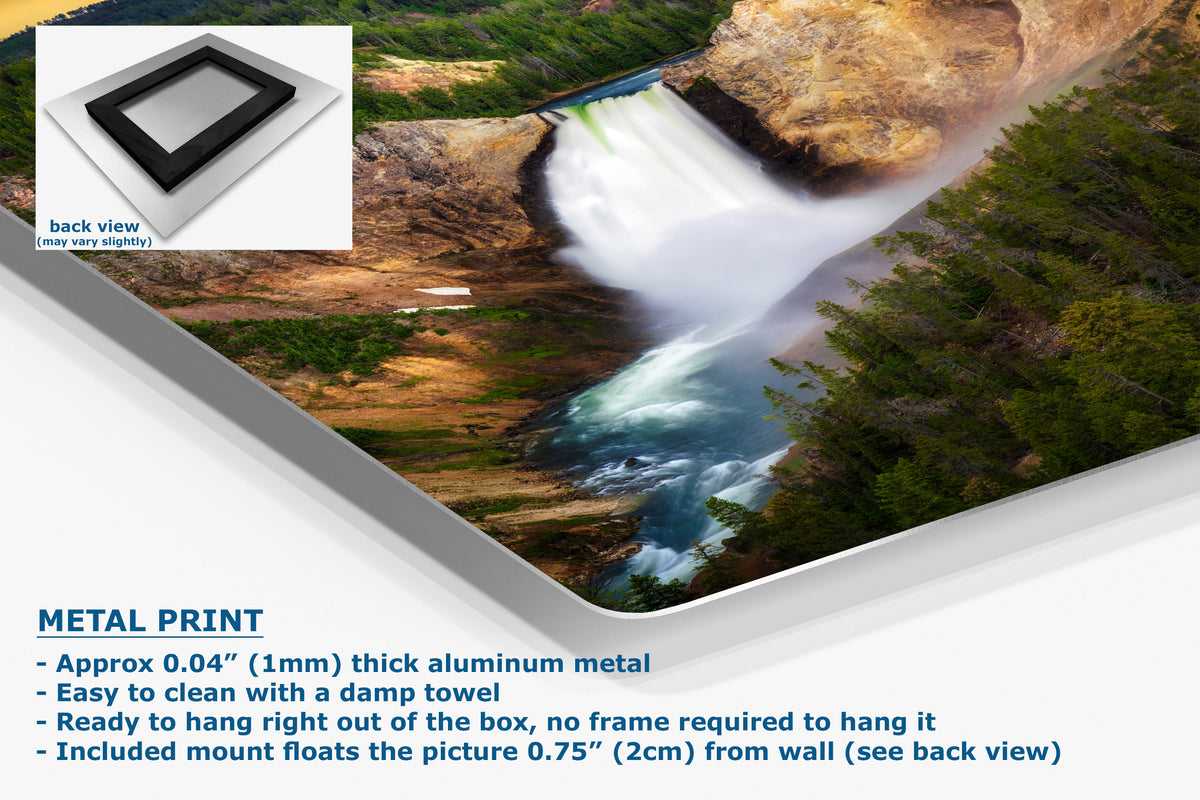 A large aluminum metal print panel displaying a scenic waterfall landscape, shown at an angle with a white inset showing the back view of the frame. Text on the left lists product features.