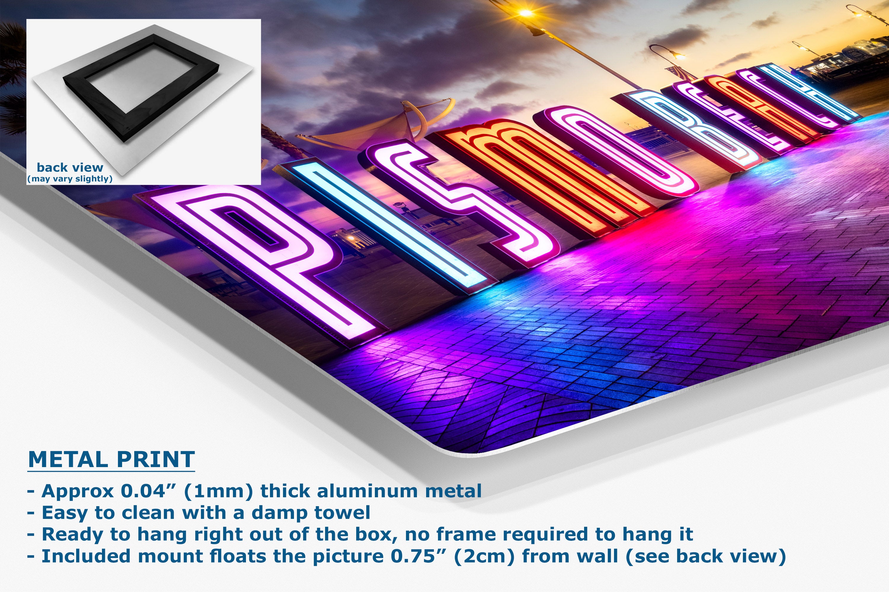A corner view of an aluminum metal wall art print, shown as a product mockup with text callouts and a small back-view inset.