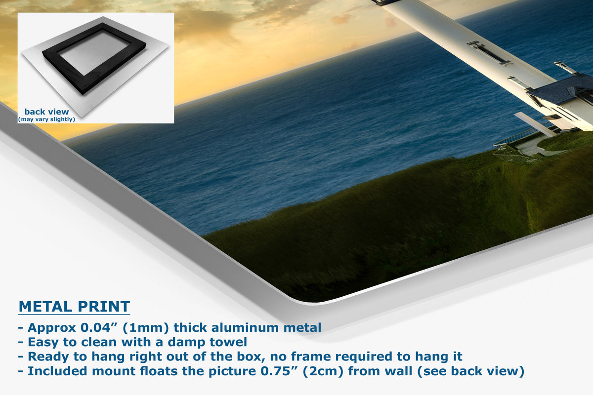 A large aluminum wall art panel showing a coastal landscape print, with a small inset showing the back view of the panel and text describing the metal print features.