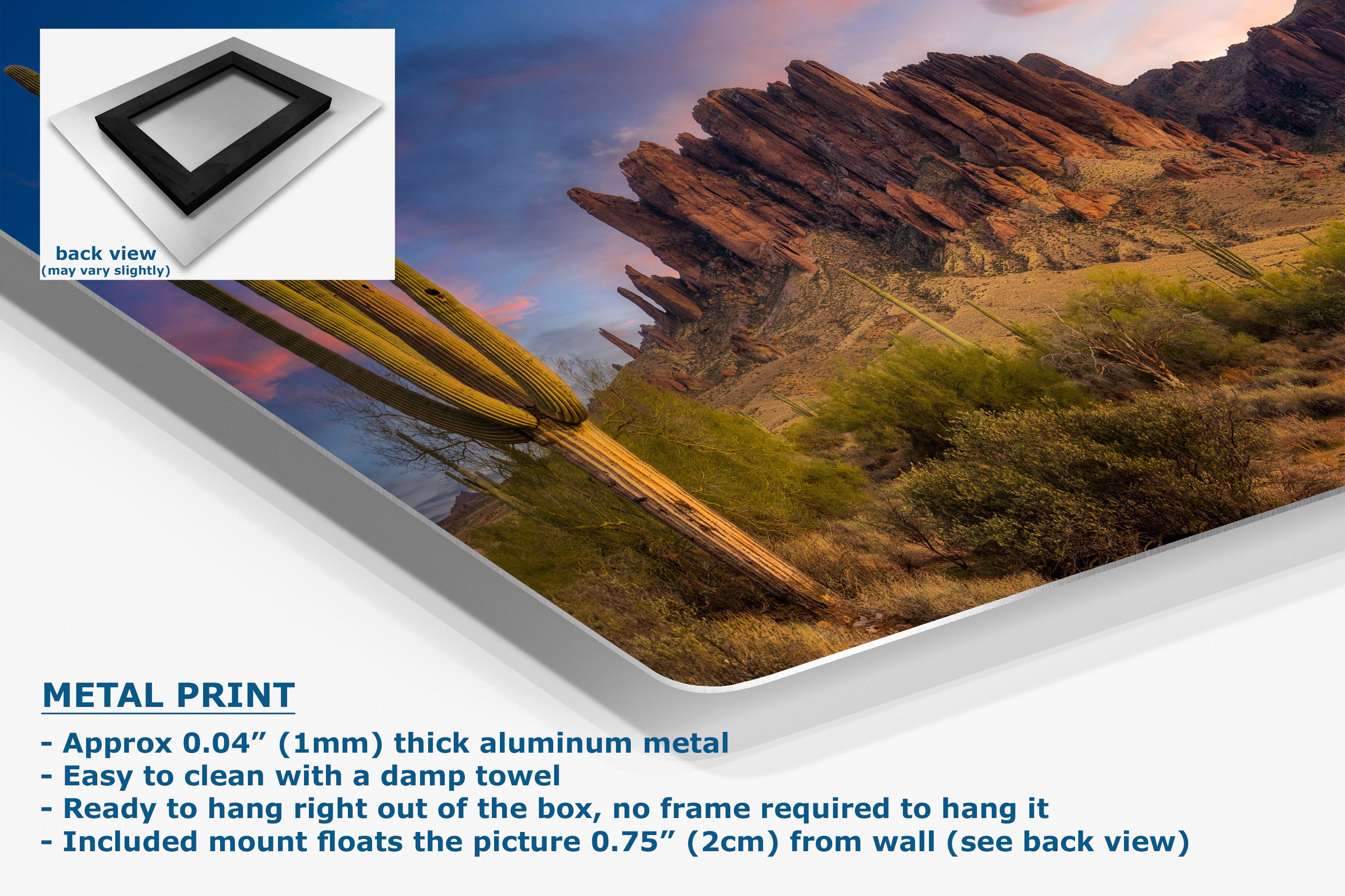 A metal print wall art product shown at an angle with a desert landscape image printed on it. The graphic includes a small back-view inset, text stating 'METAL PRINT,' and descriptive bullet points about the aluminum finish and wall mounting.
