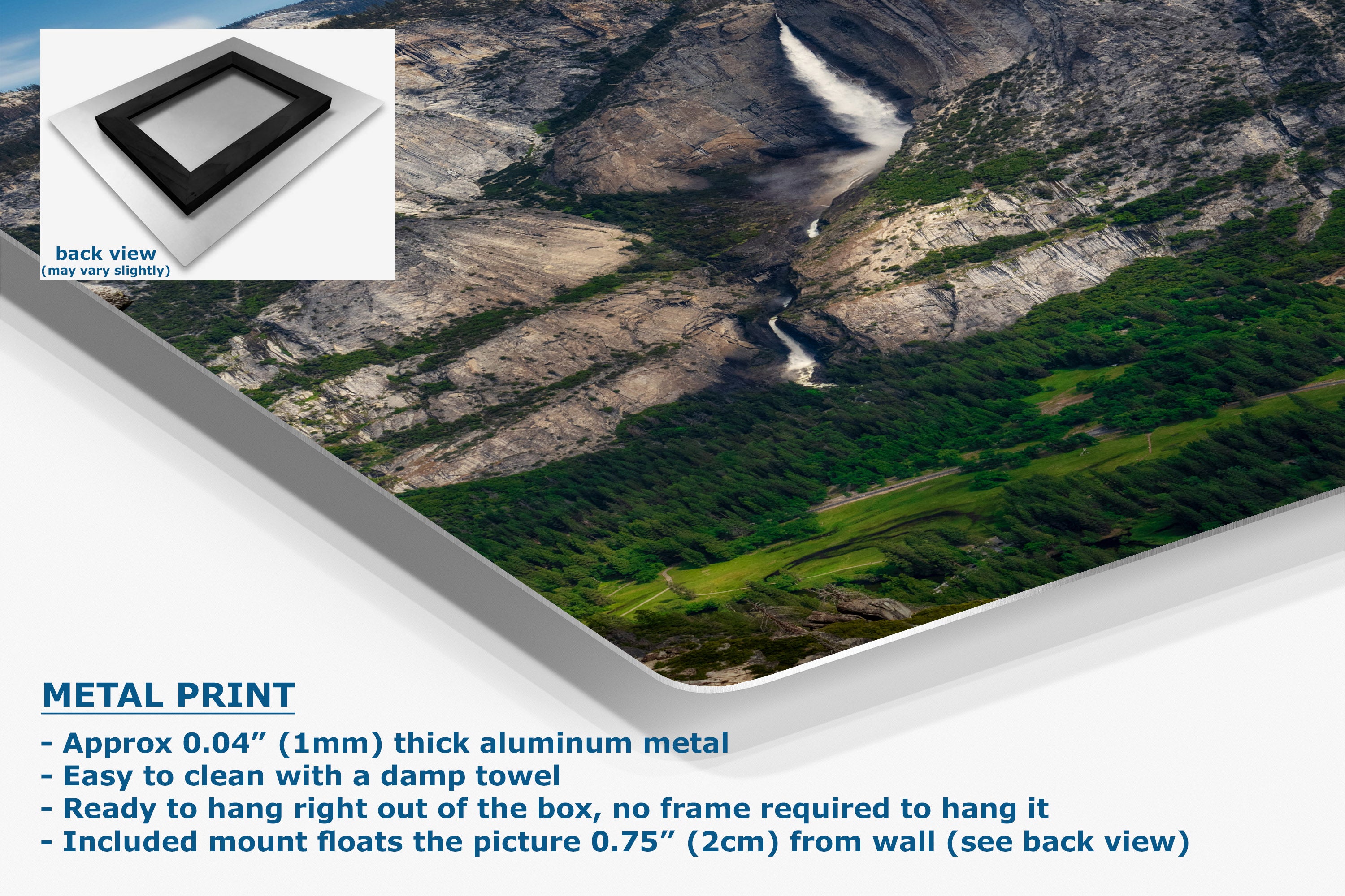 A corner view of an aluminum metal wall art print showing a dramatic mountain landscape with a river, displayed at an angle with a white mounting bracket visible behind it. A small inset shows the back view of the frame.
