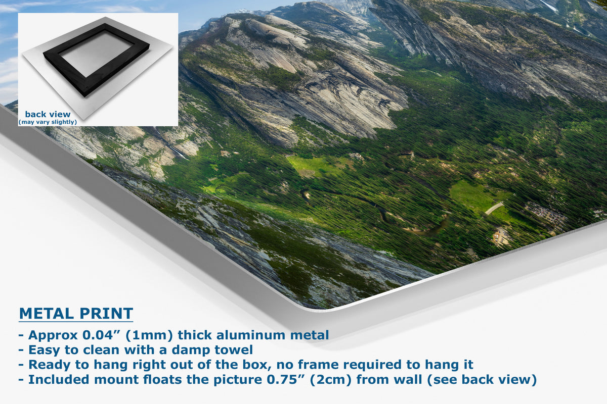 A corner view of an aluminum metal wall art print, with a small inset back view of the frame and text describing the product as a metal print with aluminum finish and hanging instructions.