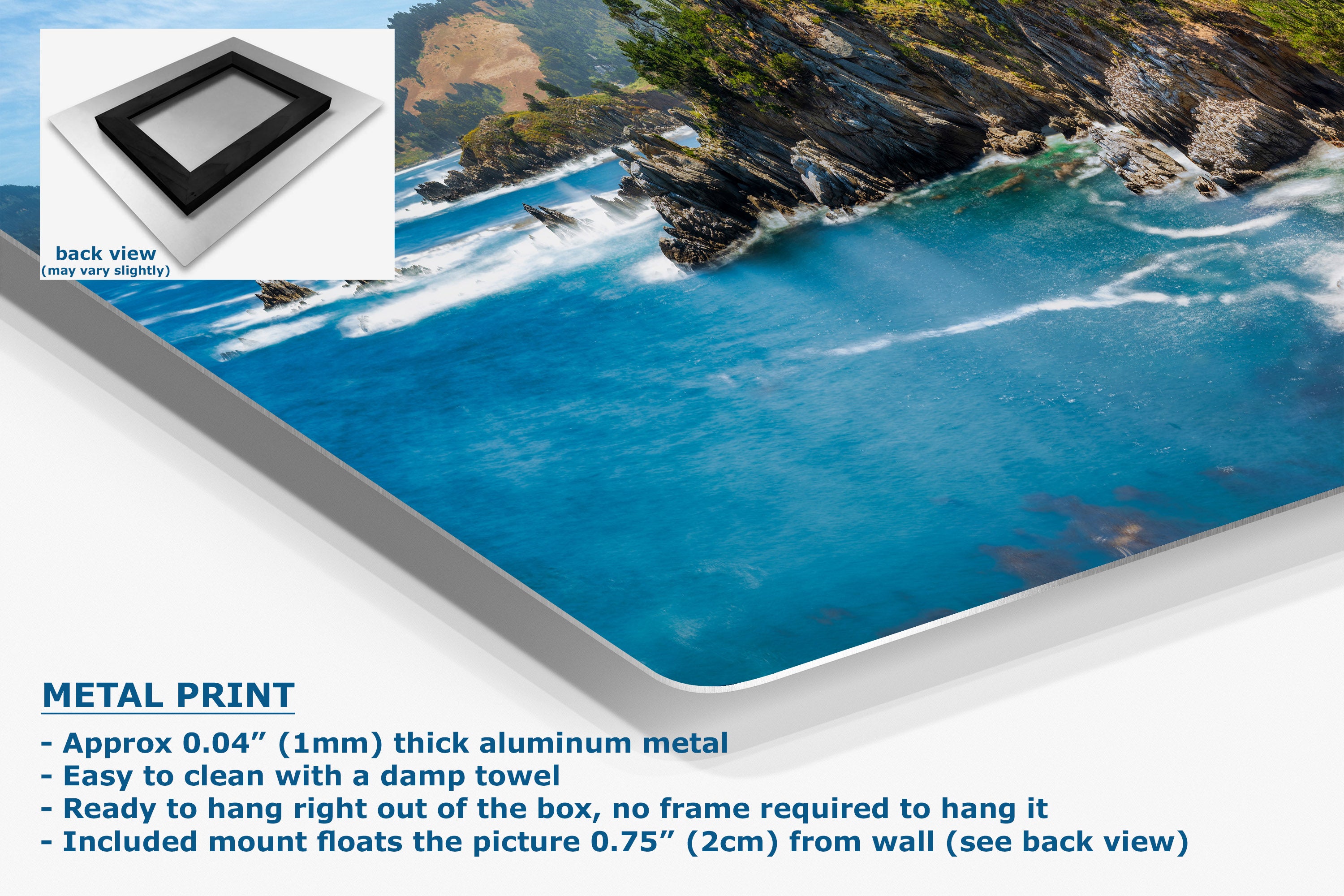 A large aluminum wall art panel showing a vivid coastal landscape print with turquoise water, rocky cliffs, and green vegetation. The image includes a small inset back-view of the panel, marketing text about the metal print, and a white background.