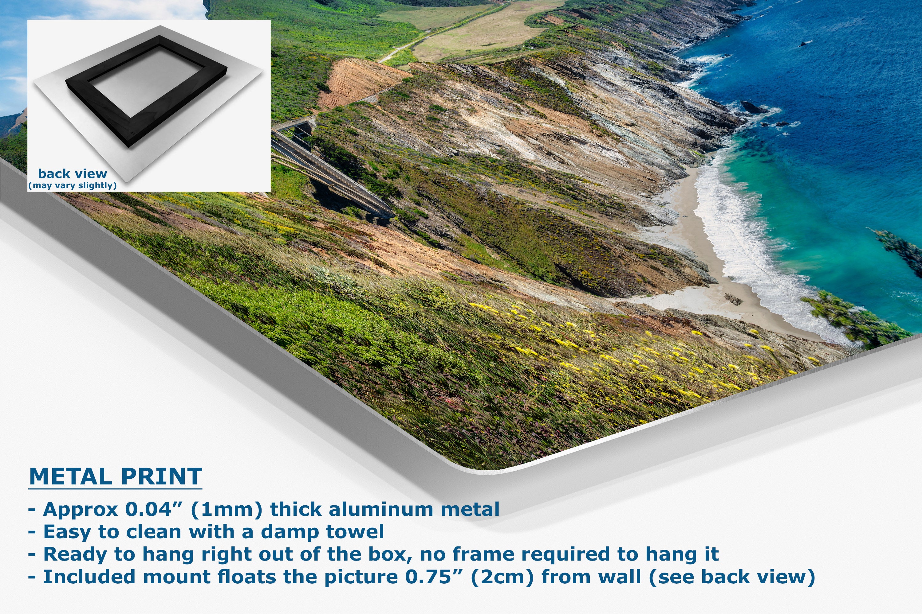 A large wall art print showing a coastal cliffside beach and turquoise ocean, presented at an angle with a small inset showing the back view of the frame. Text at the bottom reads 'METAL PRINT' and lists product details.