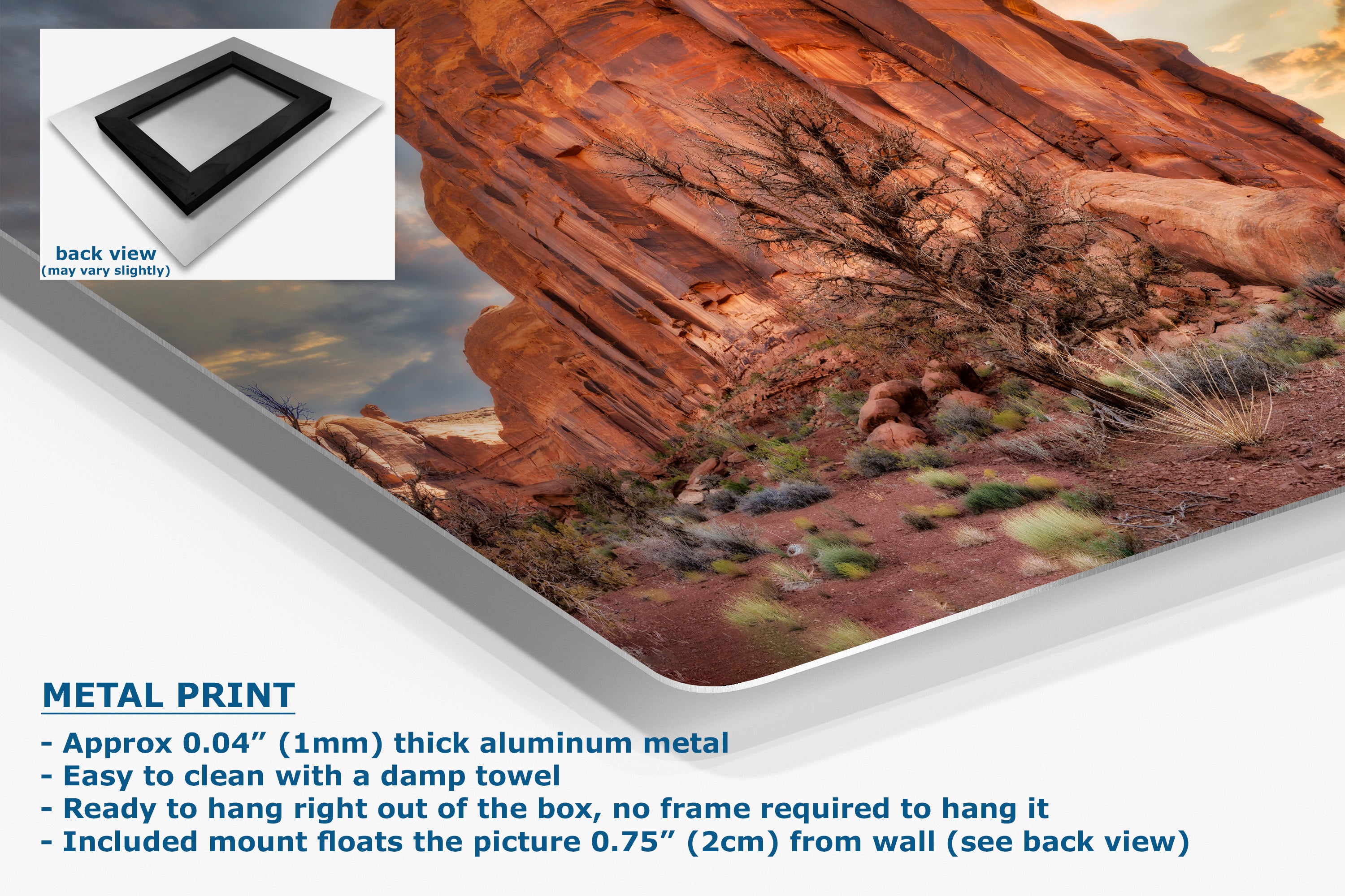 A metal wall art print showing a desert rock landscape, presented at an angle with product details and text on a white background. An inset shows the back view of the frame, and the text highlights aluminum metal construction and mounting features.