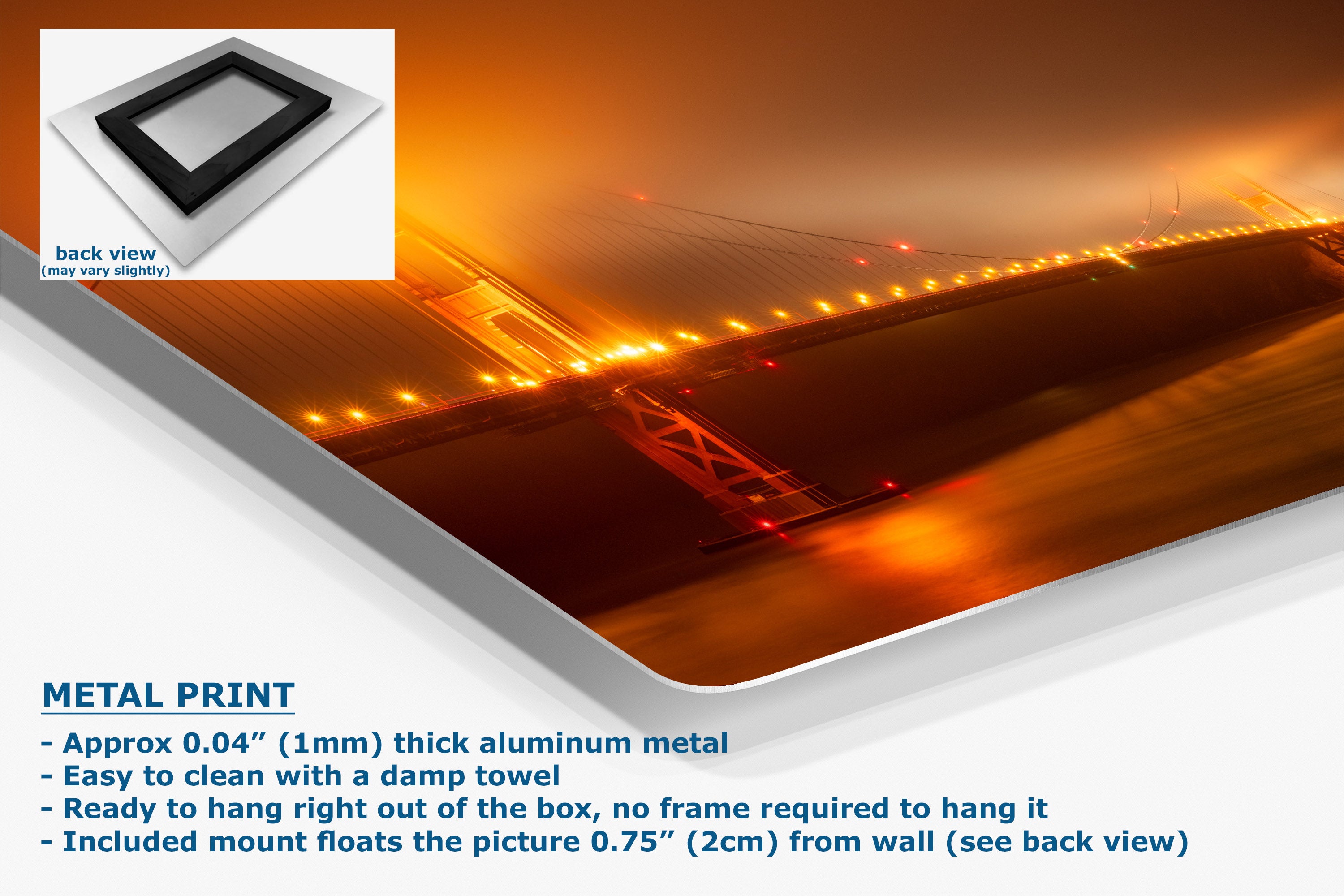 A large rectangular metal wall art print showing an orange-lit bridge at night, displayed at an angle with a small inset showing the back view. Text on the image describes the product as a metal print made of aluminum.
