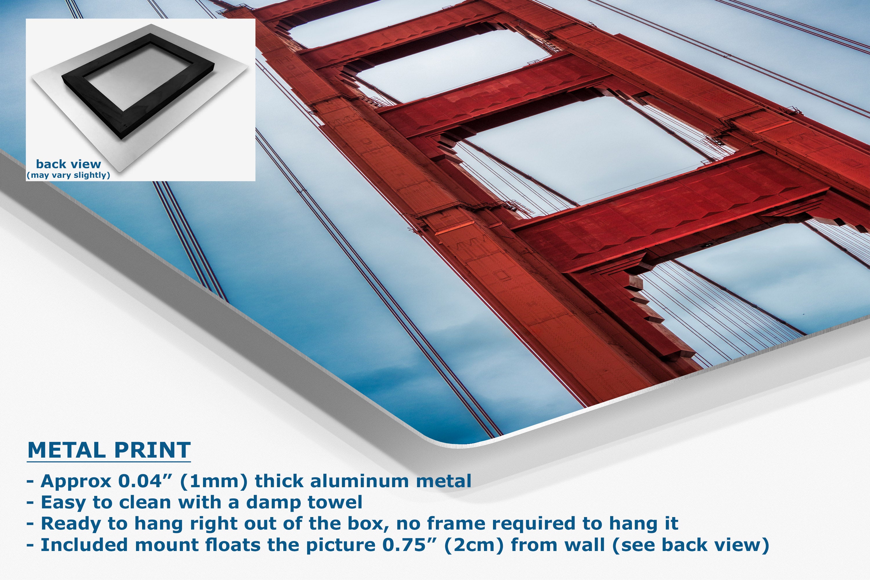 Metal print poster of the Golden Gate Bridge with informational text and a small inset showing the back view of the black-framed print on a white background.