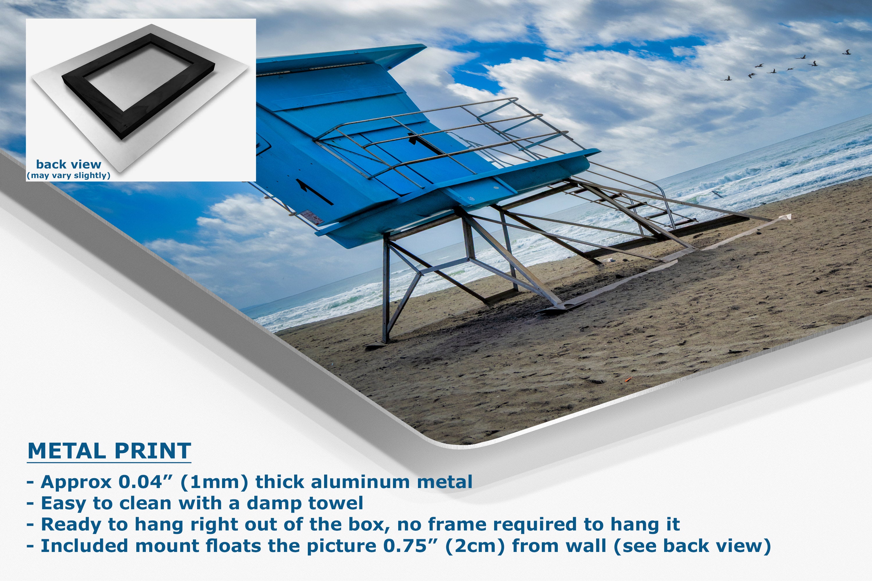 A metal print poster featuring a beach scene with a blue lifeguard tower, sandy shore, ocean, and cloudy sky, shown at an angle with product details and text on a white background.