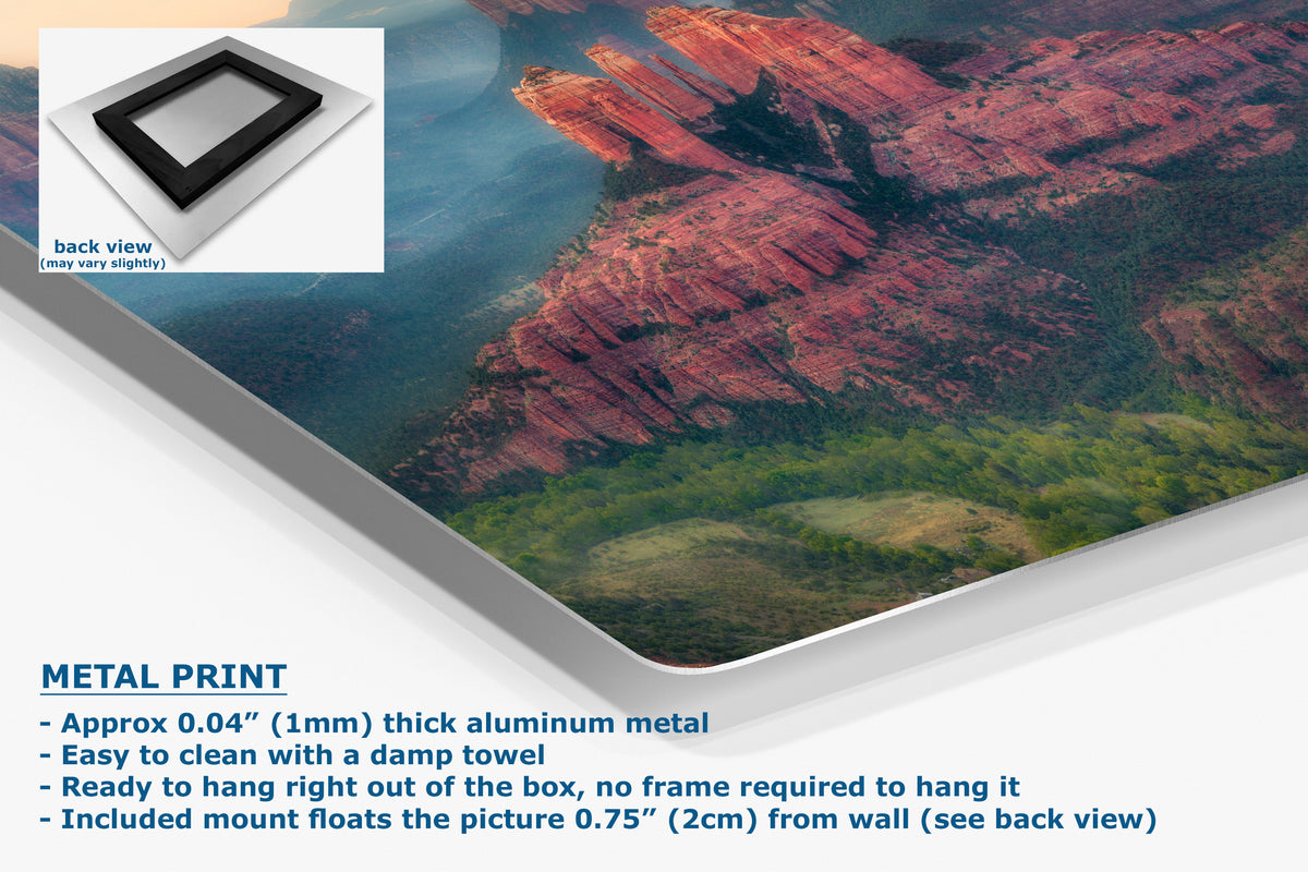 A corner view of a metal print of a red rock canyon landscape, shown at an angle with product specifications and a small back-view inset on a white background.