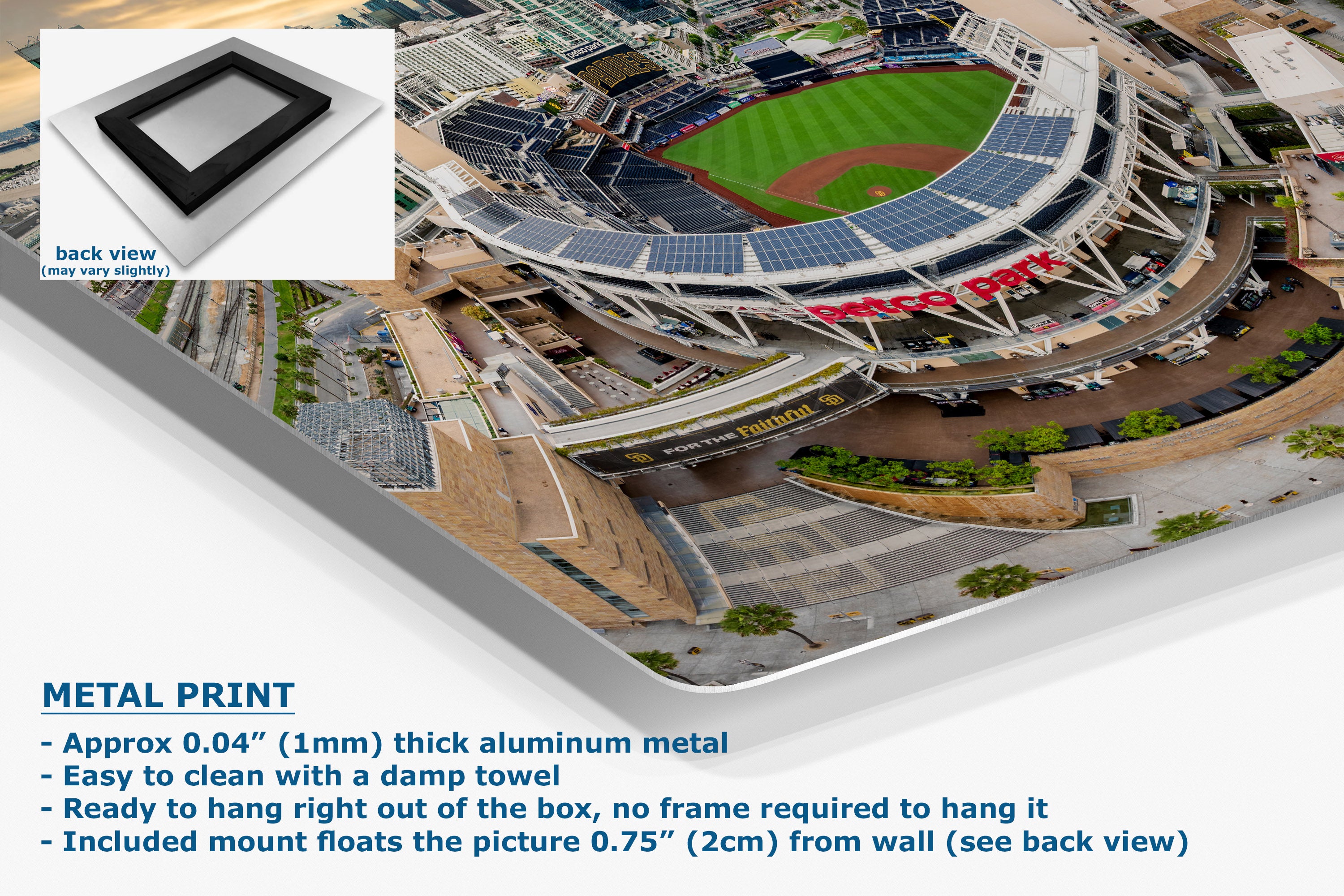 A large panoramic wall art print showing an aerial view of a stadium with solar panels, overlaid with product information text and a small back-view inset. The text says 'METAL PRINT' and describes the aluminum frame and mounting details.