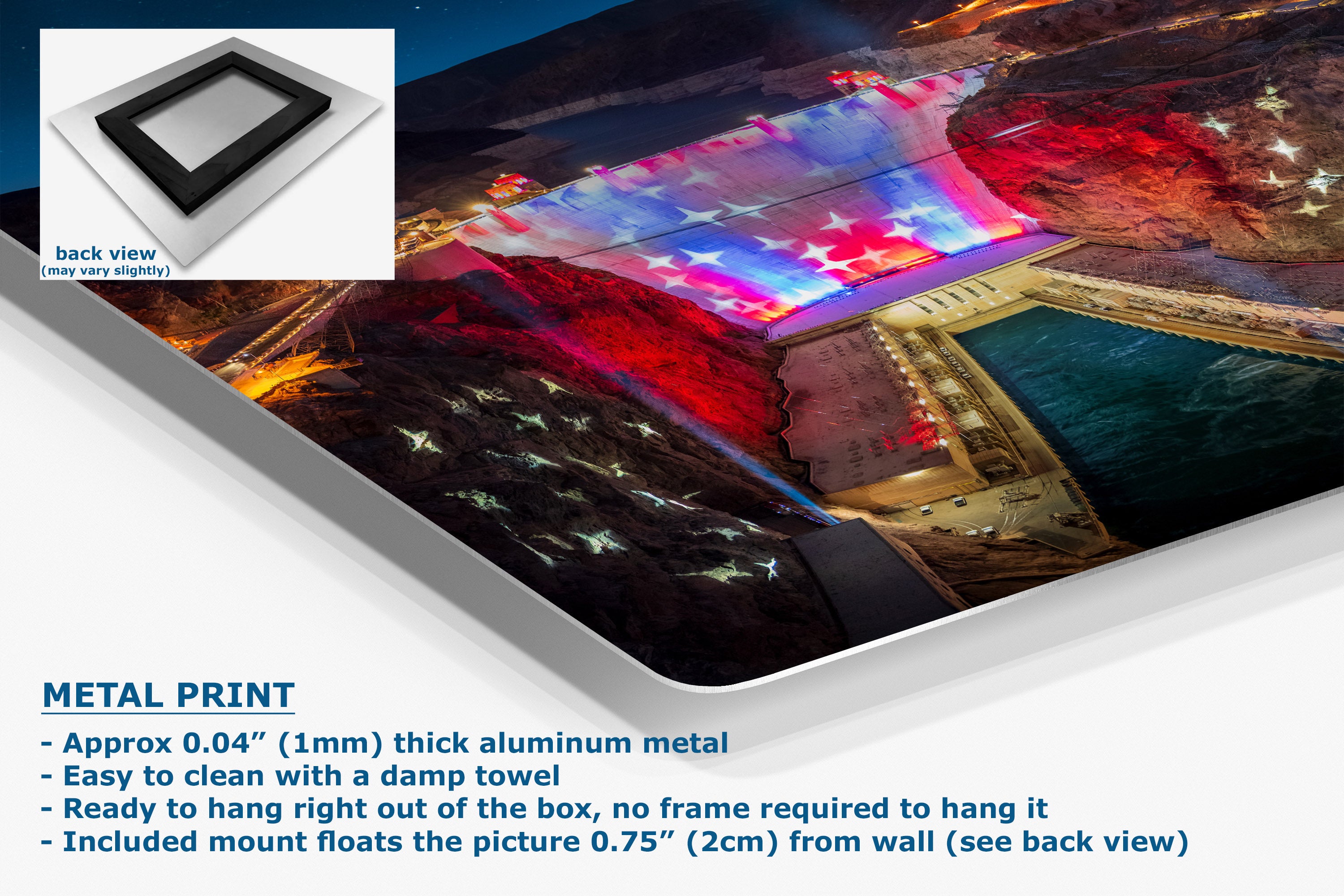 A metal wall art print shown at an angle with a back-view inset and descriptive text. The artwork depicts a colorful nighttime city scene with a pool and bright red, blue, and white star-like light effects.