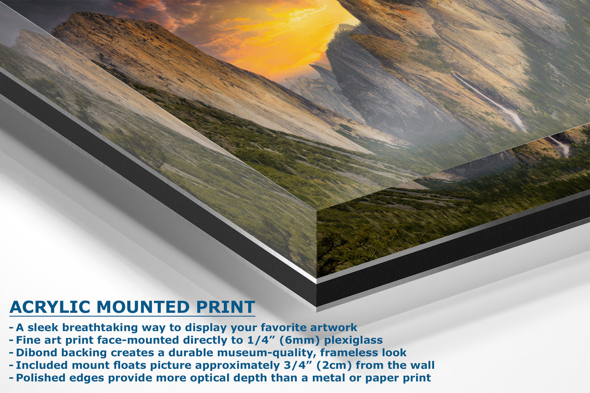 A corner view of an acrylic mounted art print of a mountain landscape at sunset, shown at an angle with descriptive text on a white background.