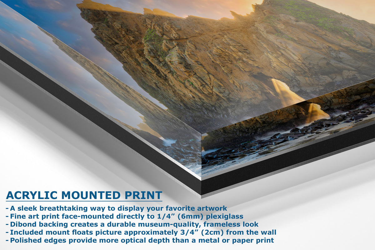 Acrylic mounted art print showing a dramatic rocky cliffside landscape with water and warm sunlight. Text on the image explains the acrylic print mounting features and dimensions.