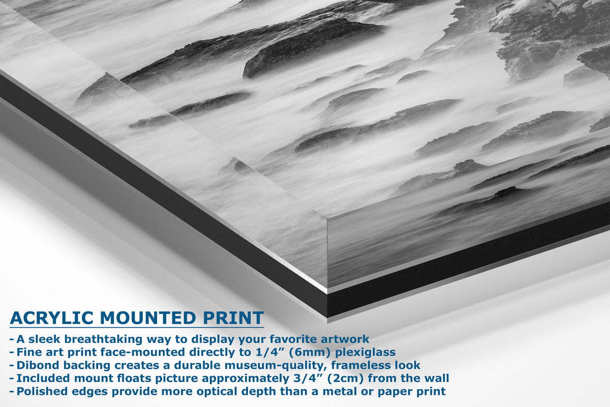 Acrylic mounted art print showing a black and white landscape photograph with descriptive text overlays detailing the mounting process and features.