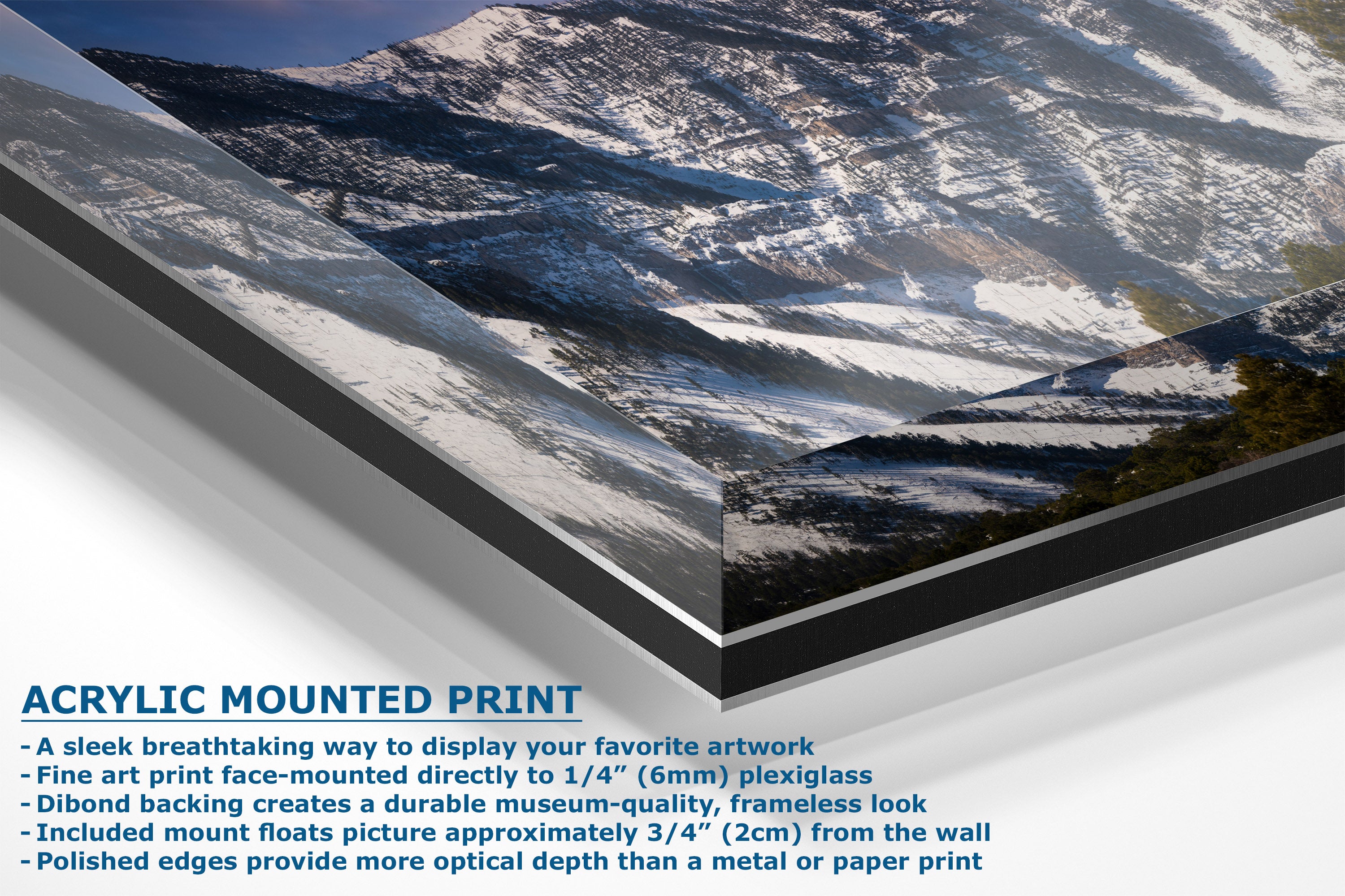 Acrylic mounted art print of a snowy mountain landscape, shown at an angle with product features and text specifications overlaid on a clean white background.