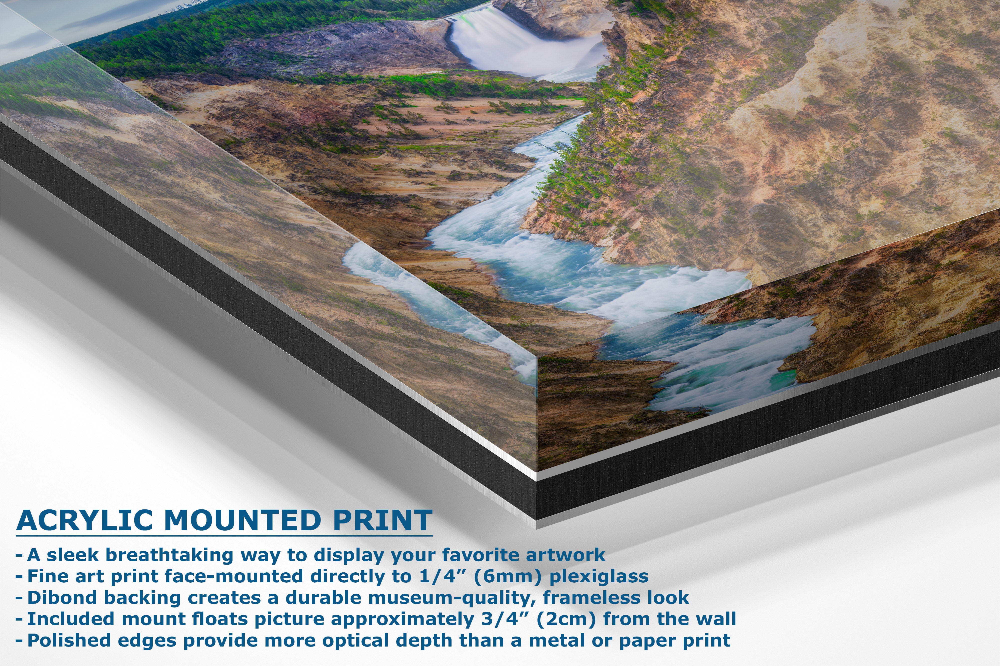 Acrylic mounted art print of a mountain landscape with a winding river, shown at an angle with descriptive text on a white background.