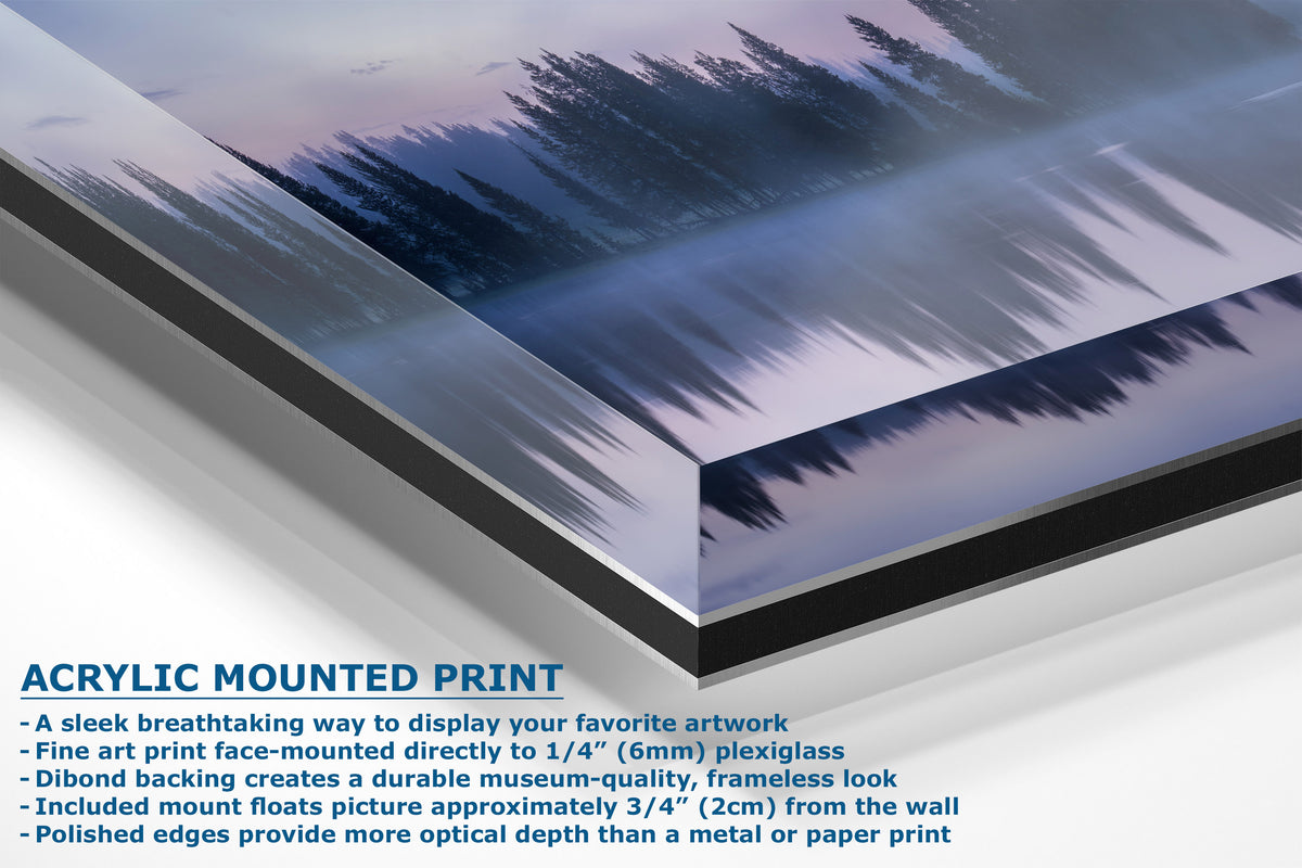 Acrylic mounted art print featuring a landscape design of a lake reflecting pine trees under a purple and blue sky. The image includes descriptive text highlighting the benefits of acrylic mounting, such as a museum-quality frameless look and floating picture effect.