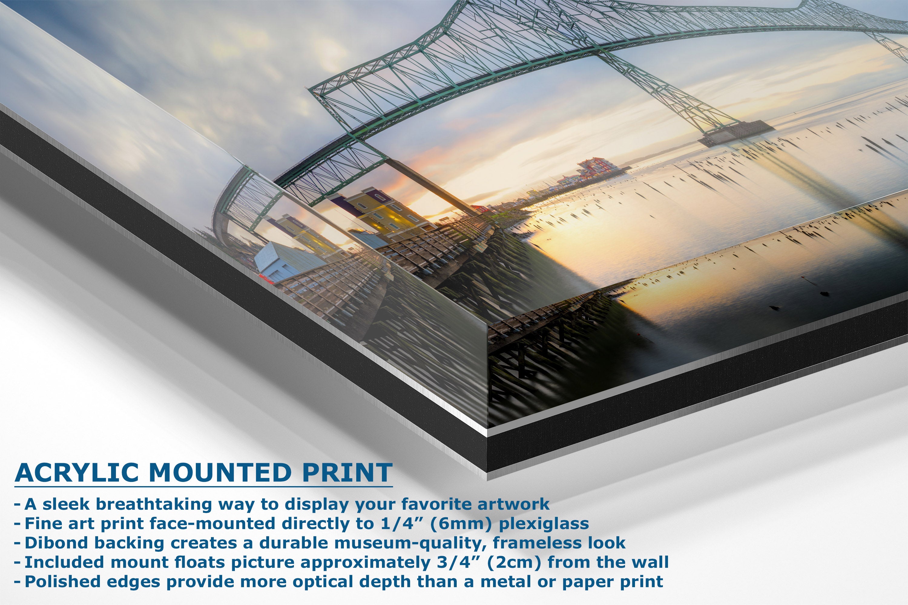 An acrylic mounted art print of a bridge over water at sunset, shown at an angle with descriptive text highlighting its features.