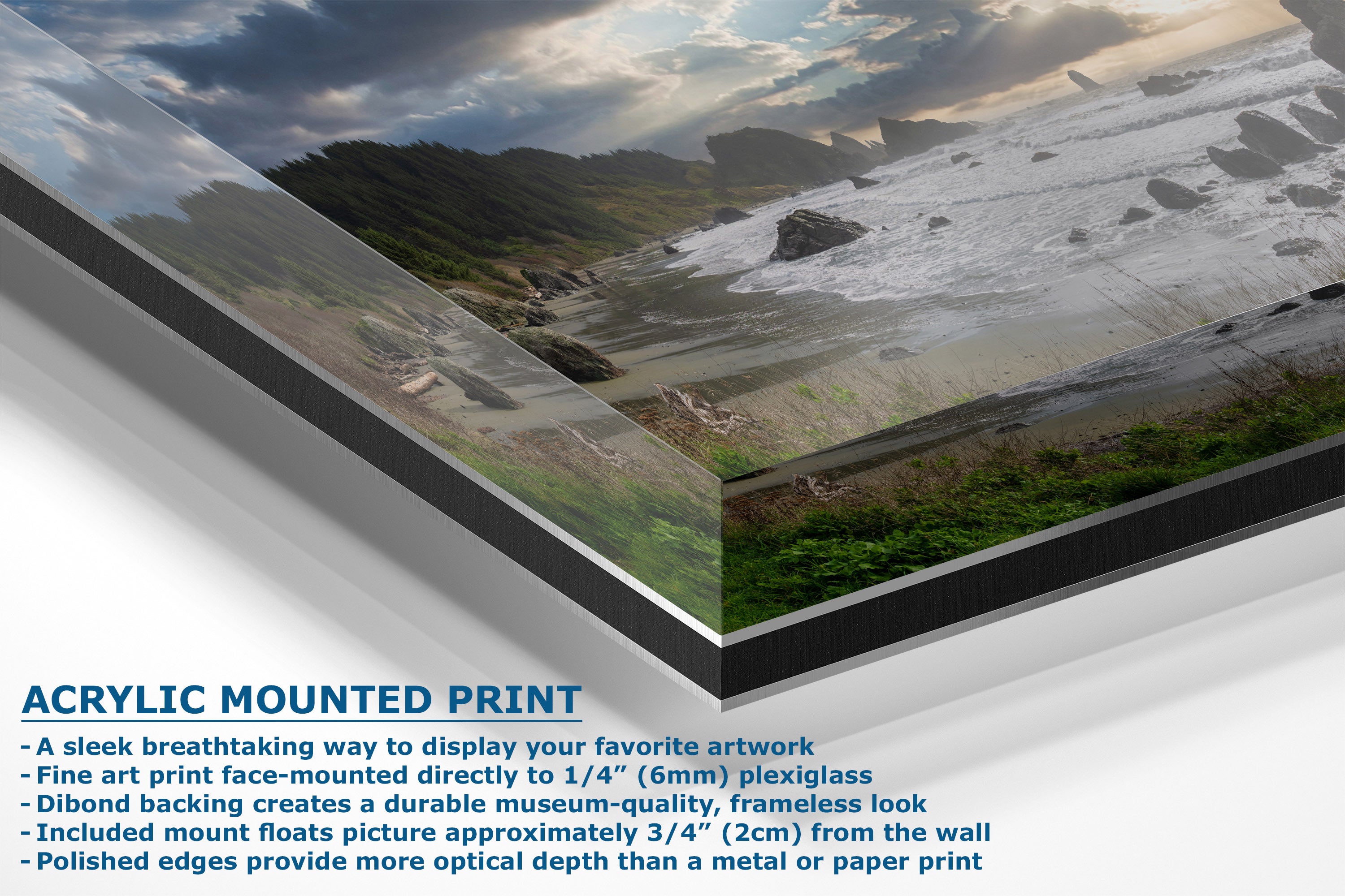 Acrylic mounted art print display showing a landscape photograph with dramatic clouds and rocky terrain, with text describing the acrylic frame mount features on a white background.