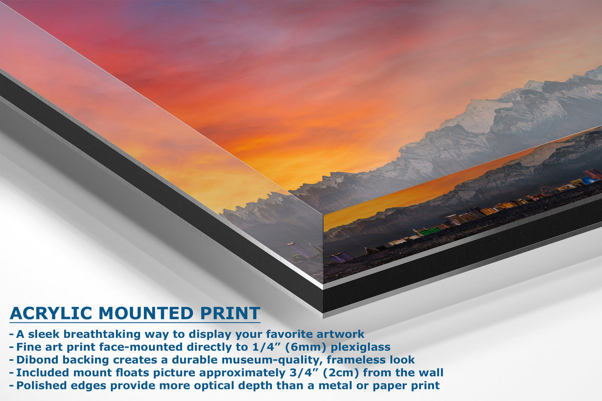 Acrylic mounted art print display showing a colorful sunset landscape artwork with descriptive text on a clean white background.
