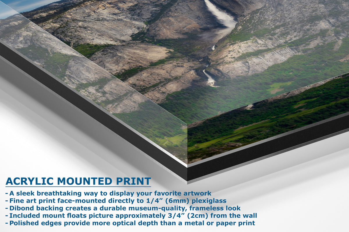A corner view of an acrylic-mounted art print panel displaying a mountain river landscape, with descriptive text on a white background.